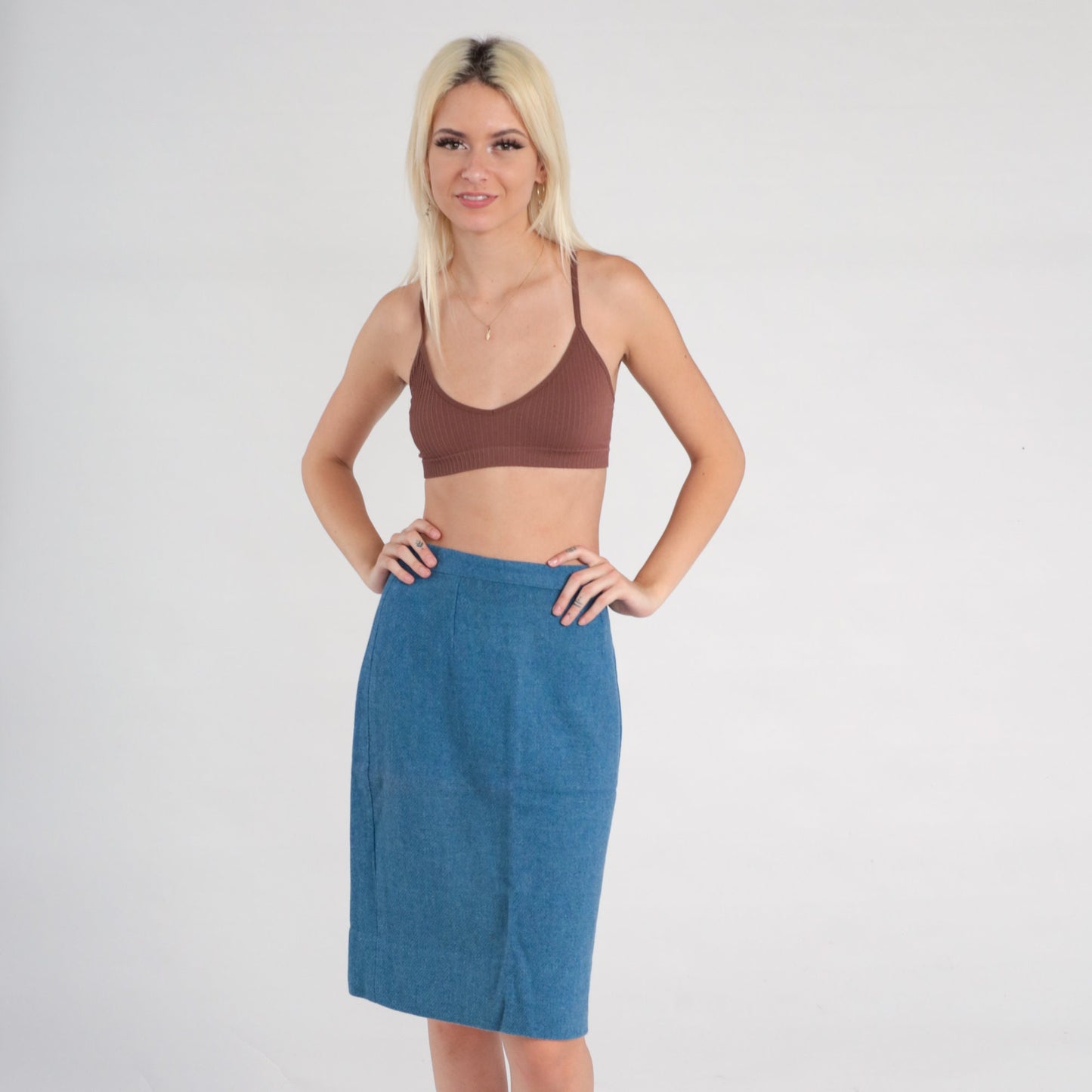 60s Blue Wool Pencil Skirt High Waisted Midi Small