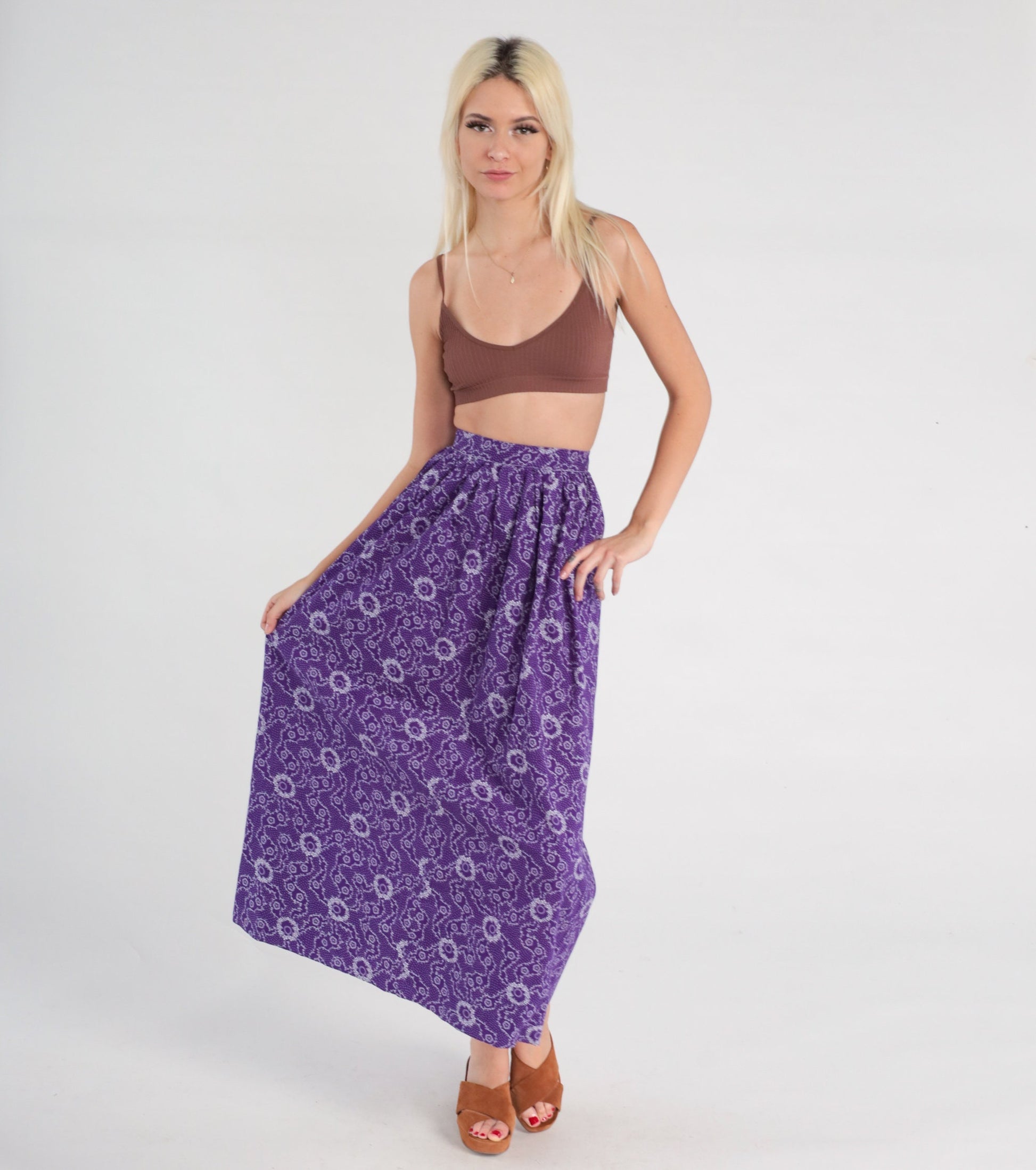 70s Floral Midi Skirt Purple High Waisted Flower Print Ankle Length XXS