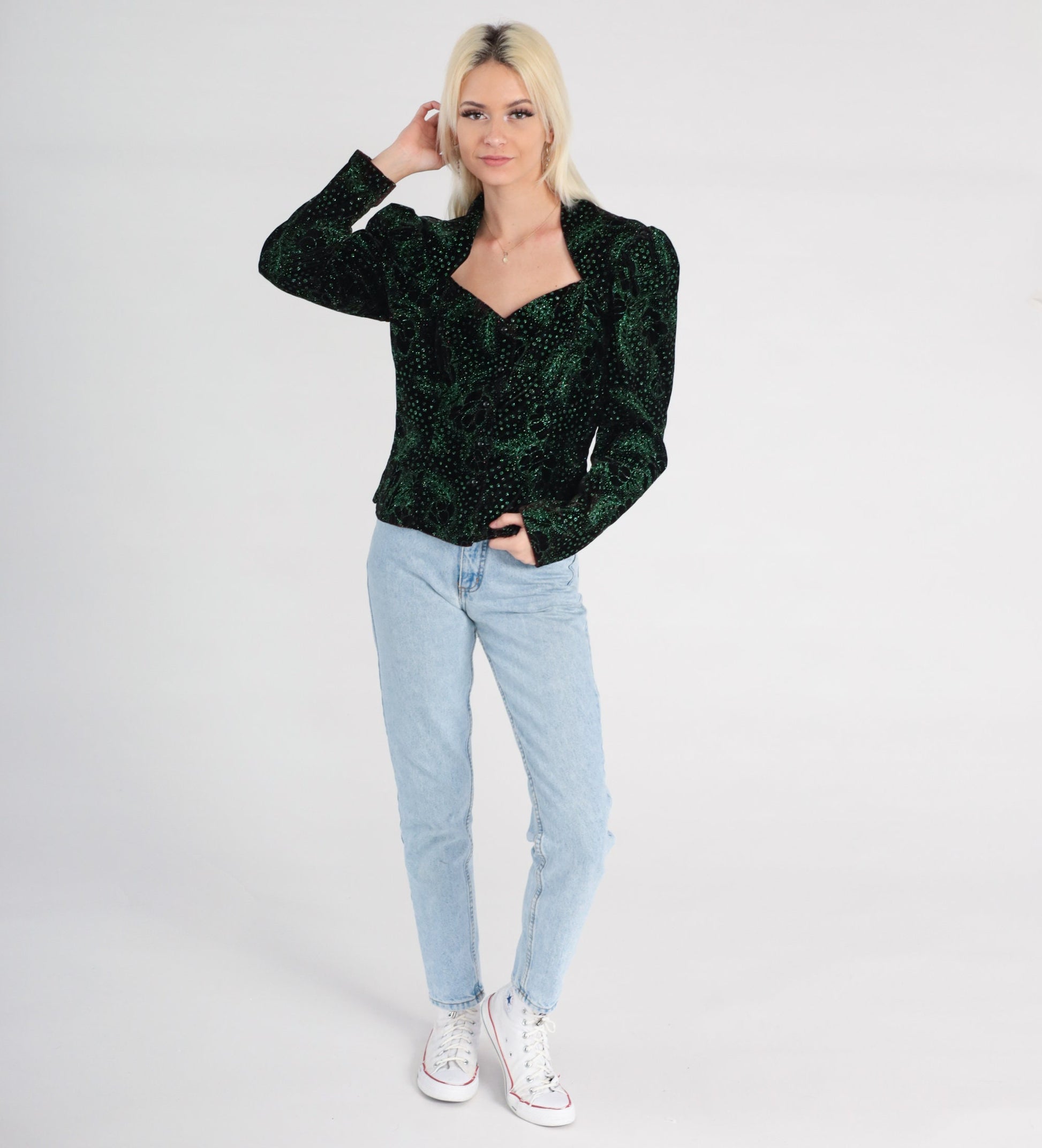 80s Gunne Sax Velvet Blouse Black Sparkly Green Floral Puff Sleeve Medium