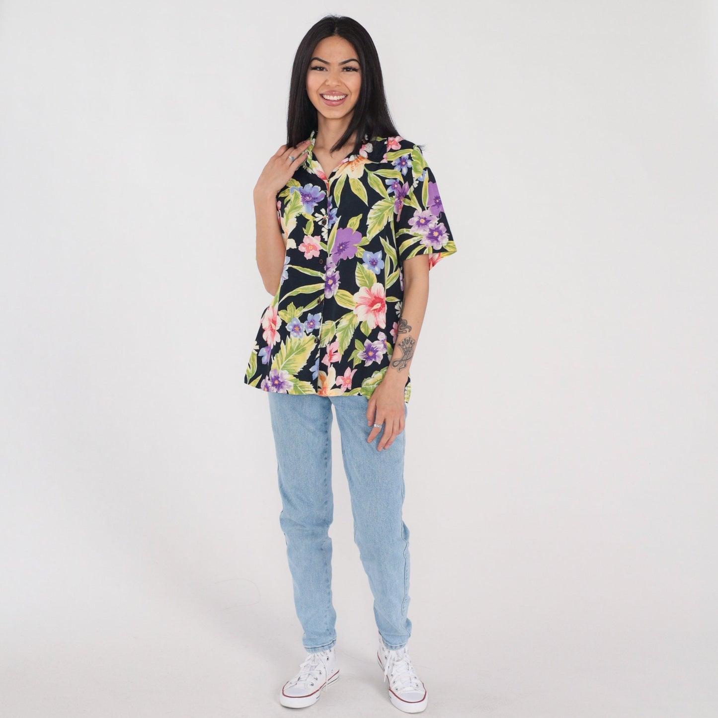 90s Tropical Floral Black Button Up Blouse Short Sleeve Rayon Shirt Extra Large XL