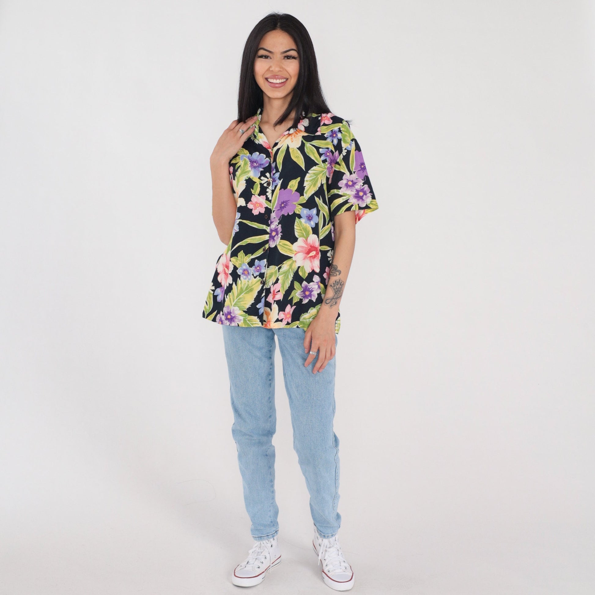 90s Tropical Floral Black Button Up Blouse Short Sleeve Rayon Shirt Extra Large XL