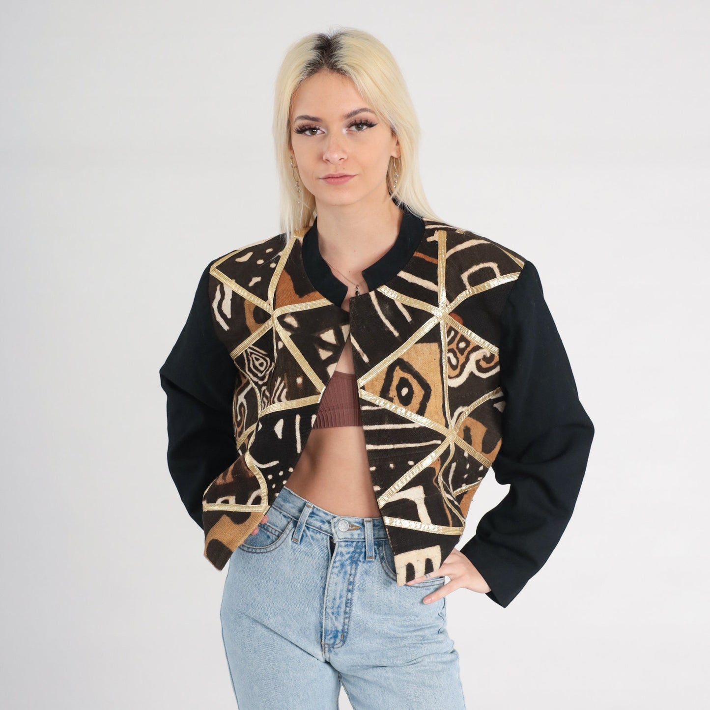 90s Cropped Safari Jacket Patchwork Geometric Black Brown Gold Trim Medium