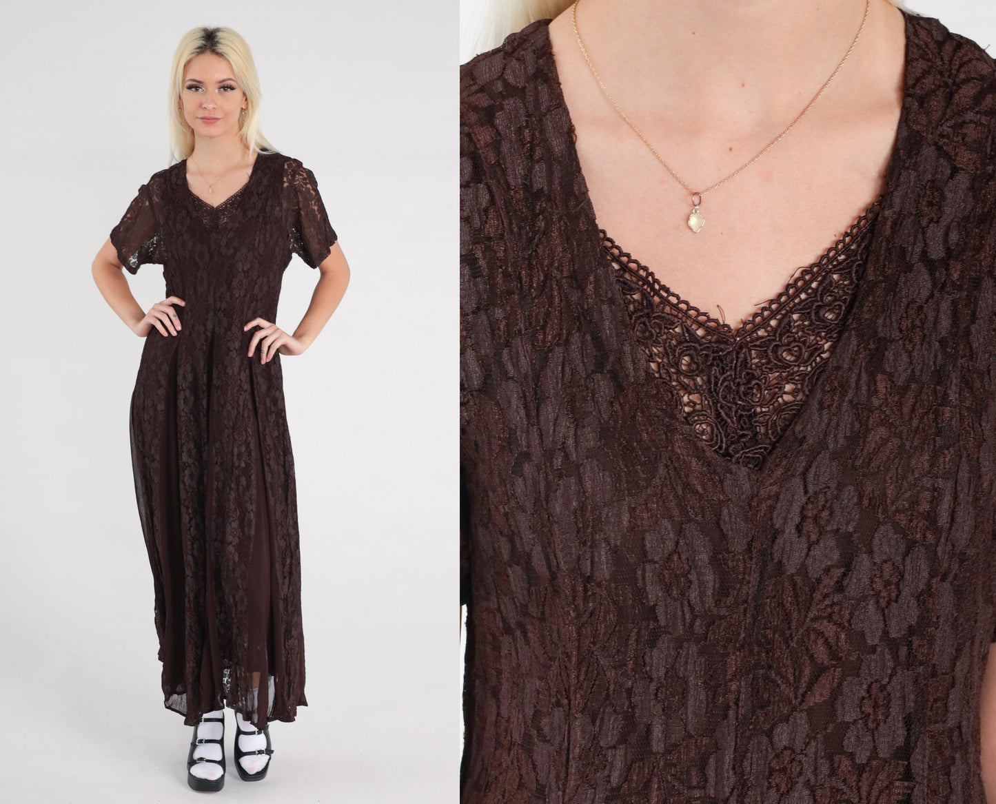 90s Brown Lace Maxi Dress Chiffon Panel V-Neck Short Sleeve Small