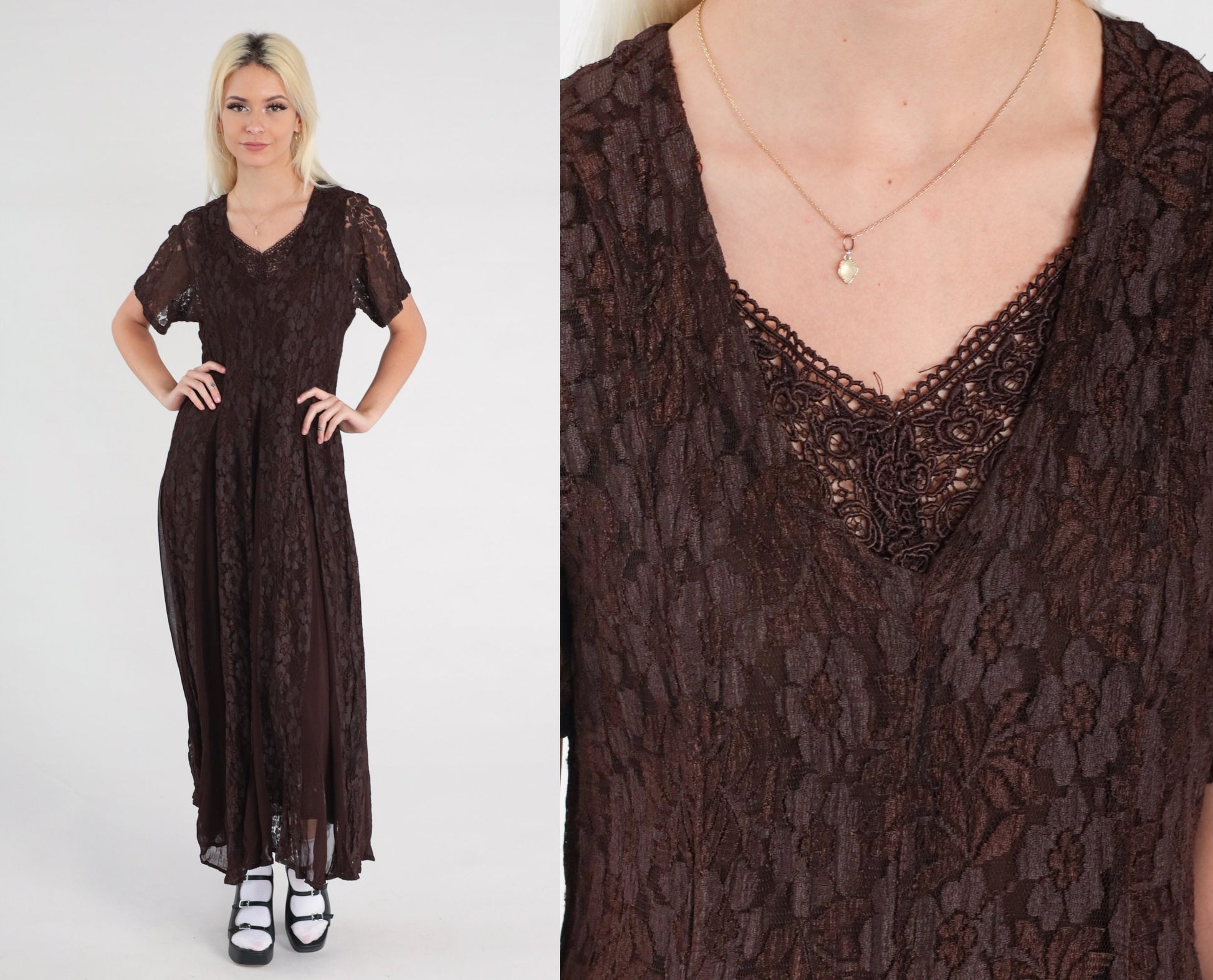 90s Brown Lace Maxi Dress Chiffon Panel V-Neck Short Sleeve Small