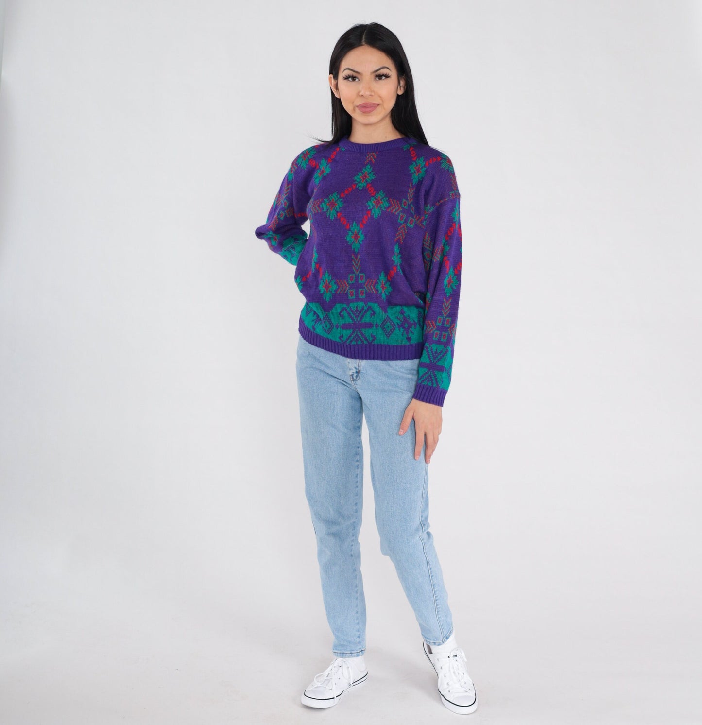 90s Purple Snowflake Knit Sweater Geometric Crewneck Pullover Medium M