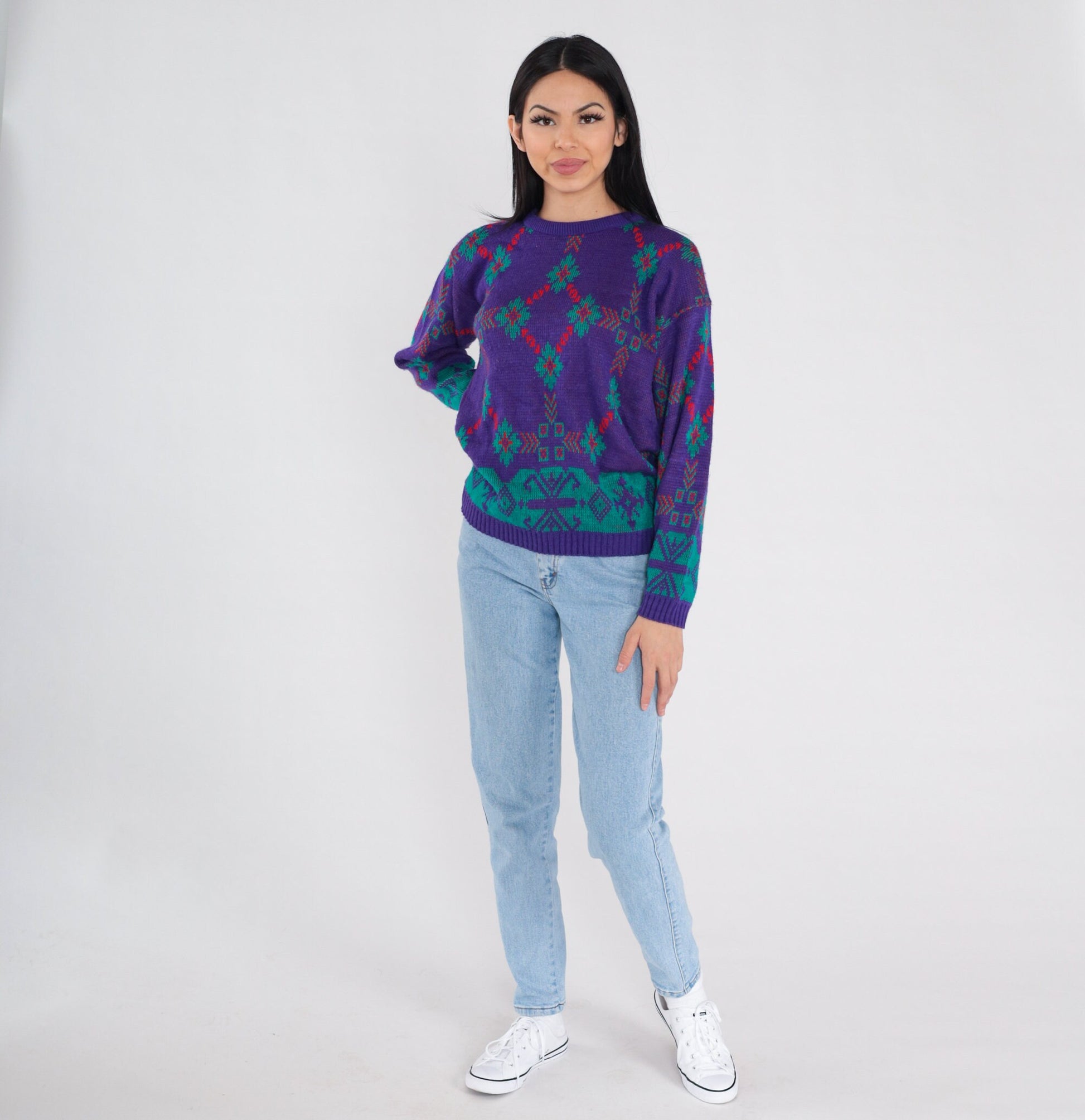 90s Purple Snowflake Knit Sweater Geometric Crewneck Pullover Medium M