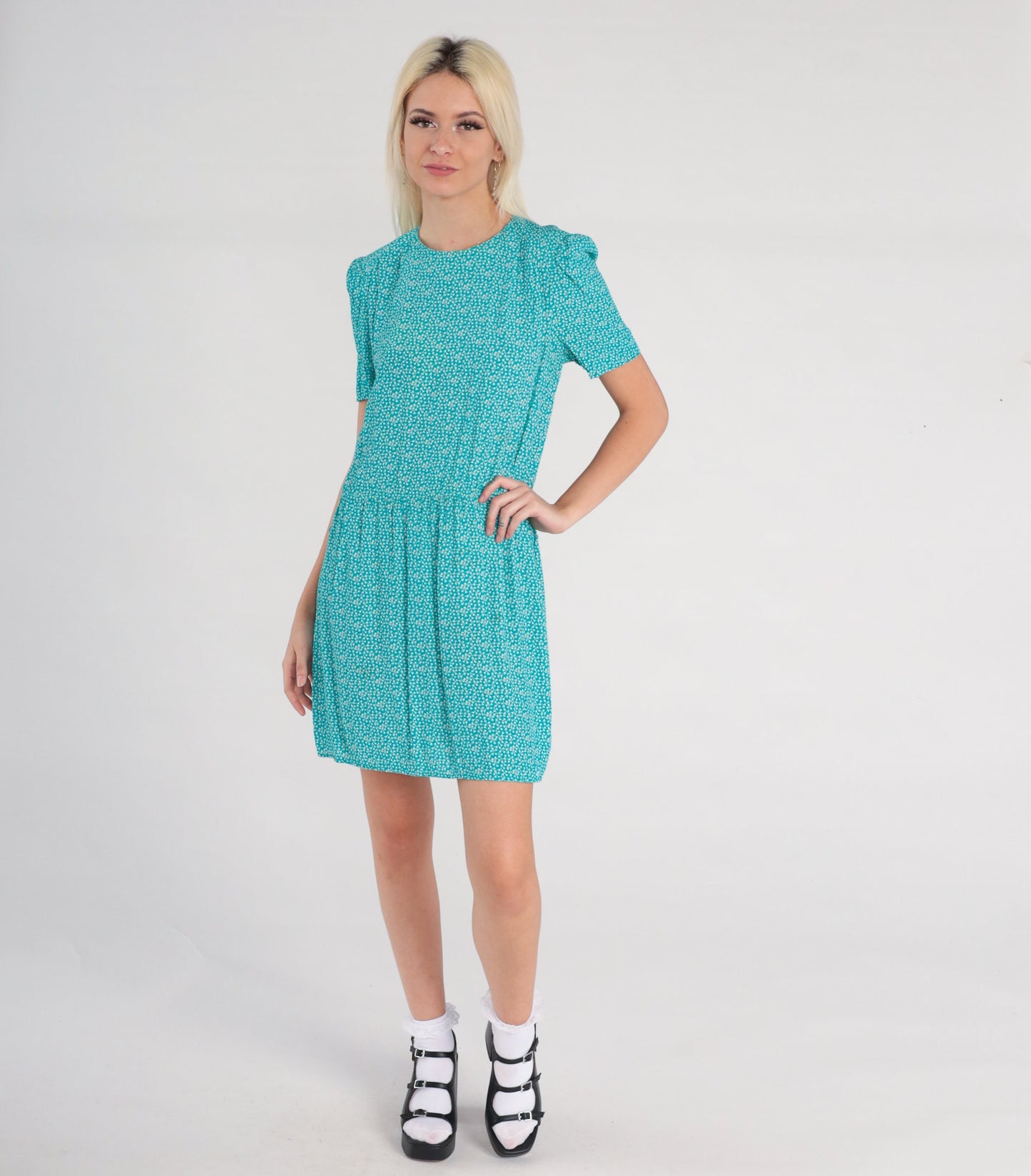 90s Karin Stevens Floral Mini Dress Blue Ditsy Calico Puff Sleeve Small