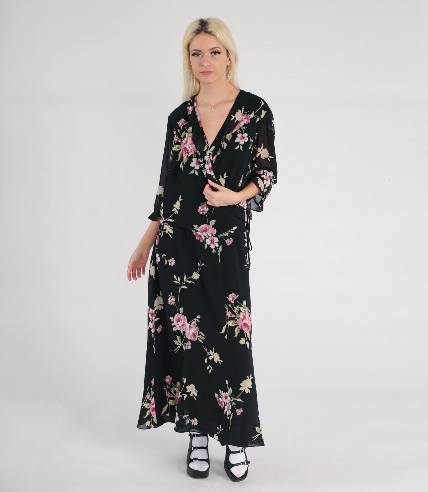90s Black Floral Chiffon Maxi Dress V-Neck 3/4 Sleeve Wrap Large