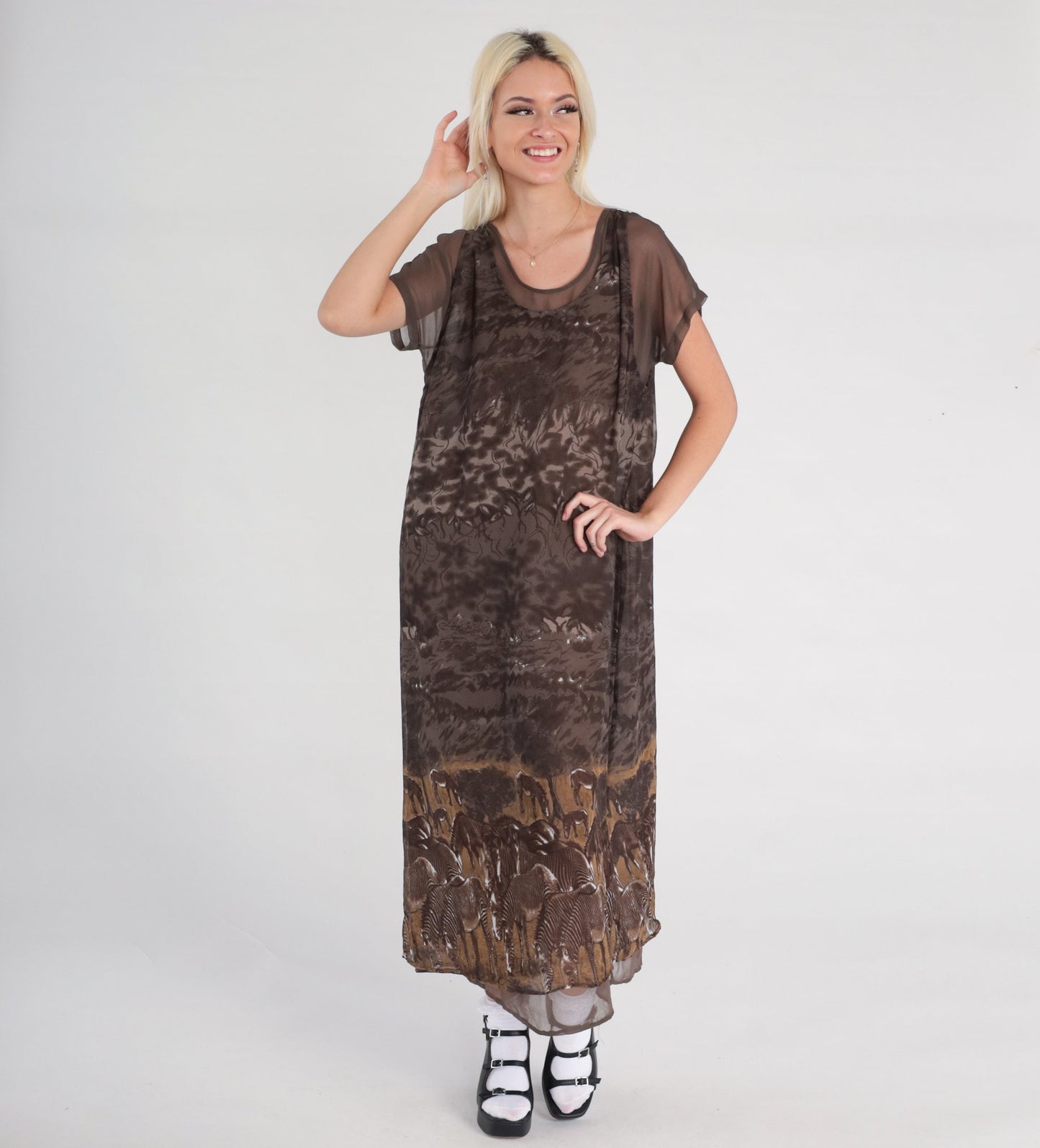 90s Zebra Print Shift Dress Brown Column Midi Short Sleeve Medium