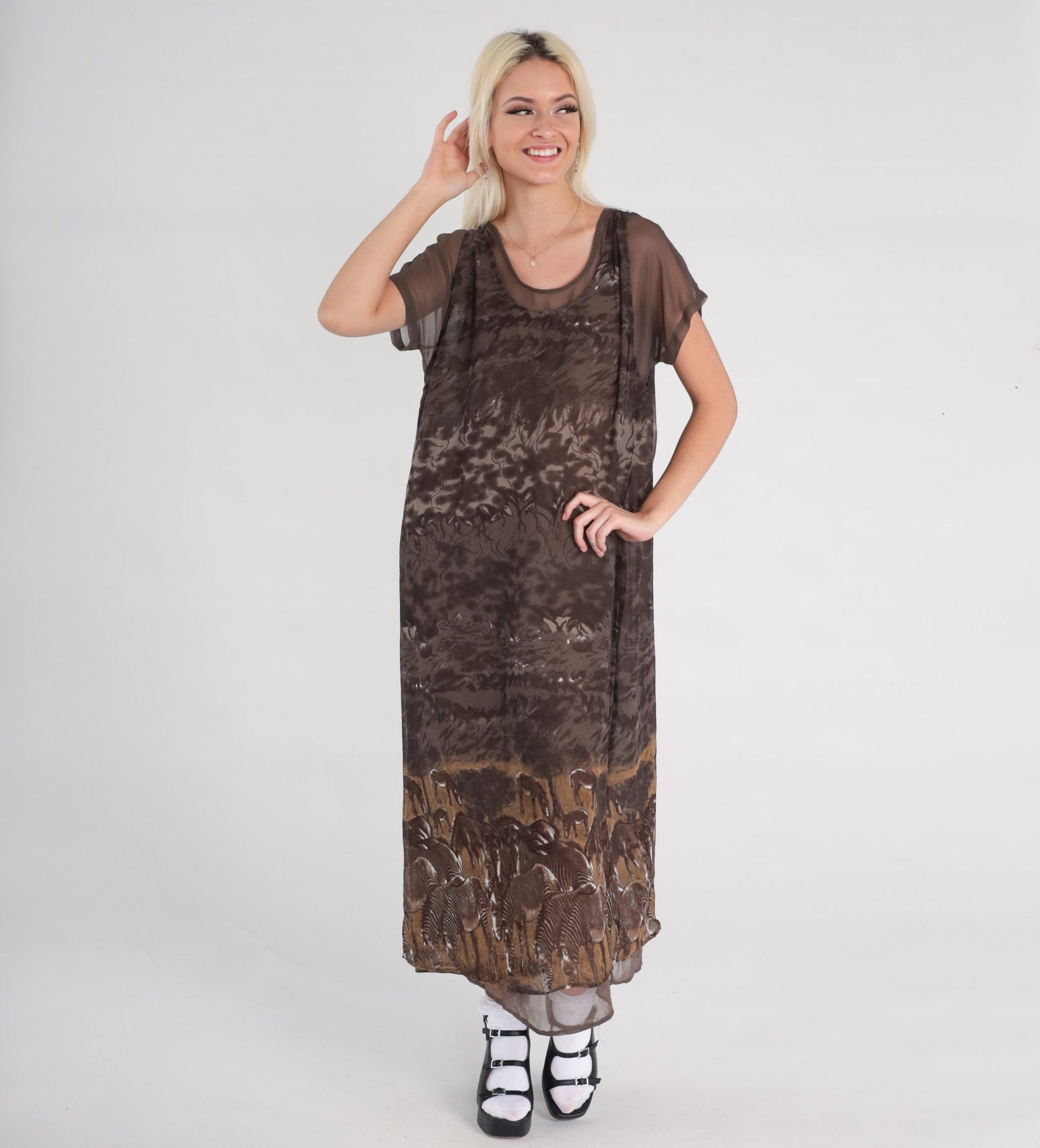 90s Zebra Print Shift Dress Brown Column Midi Short Sleeve Medium