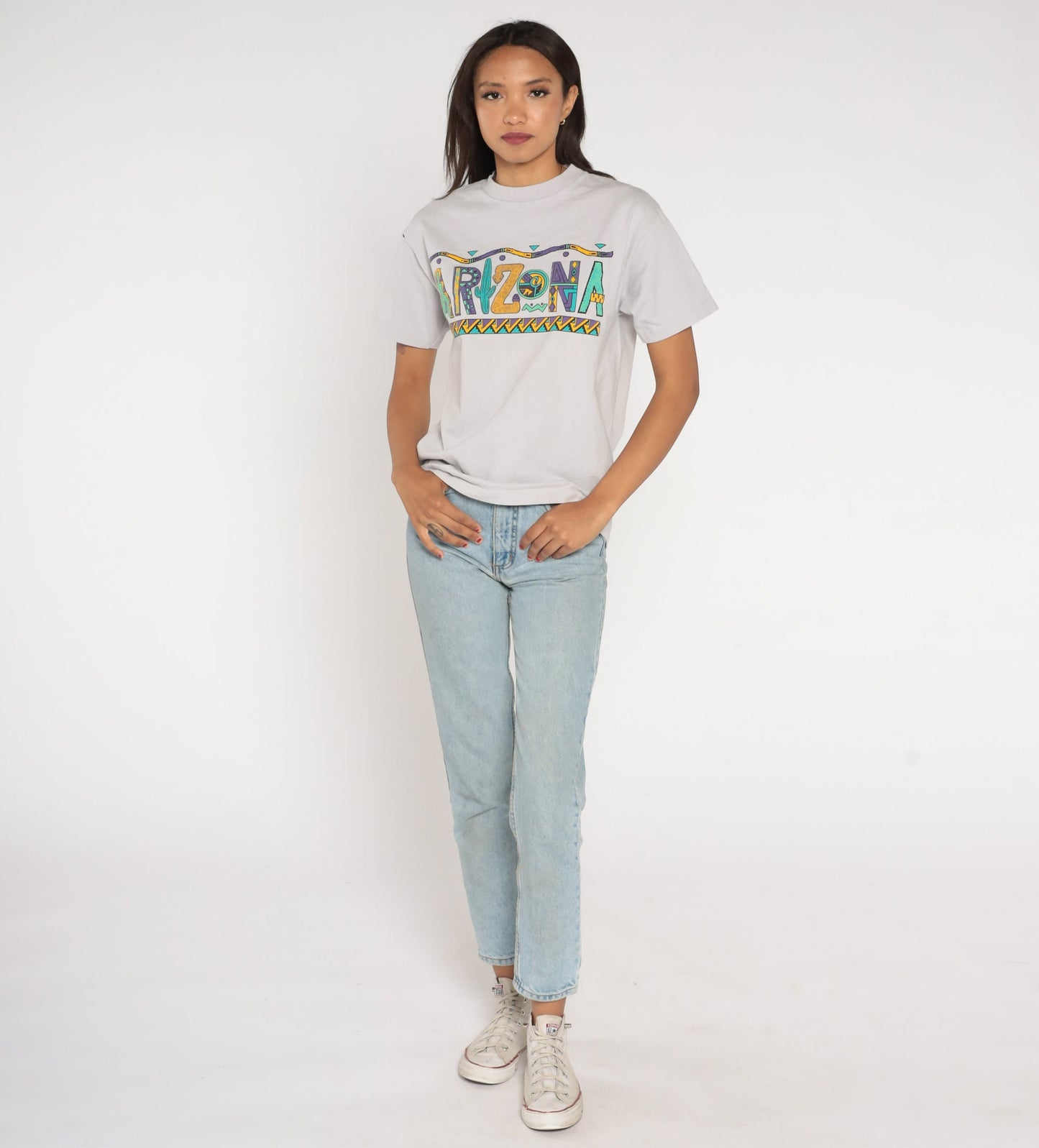 Y2K Arizona Southwestern Cactus Graphic T-Shirt Grey Cotton Medium