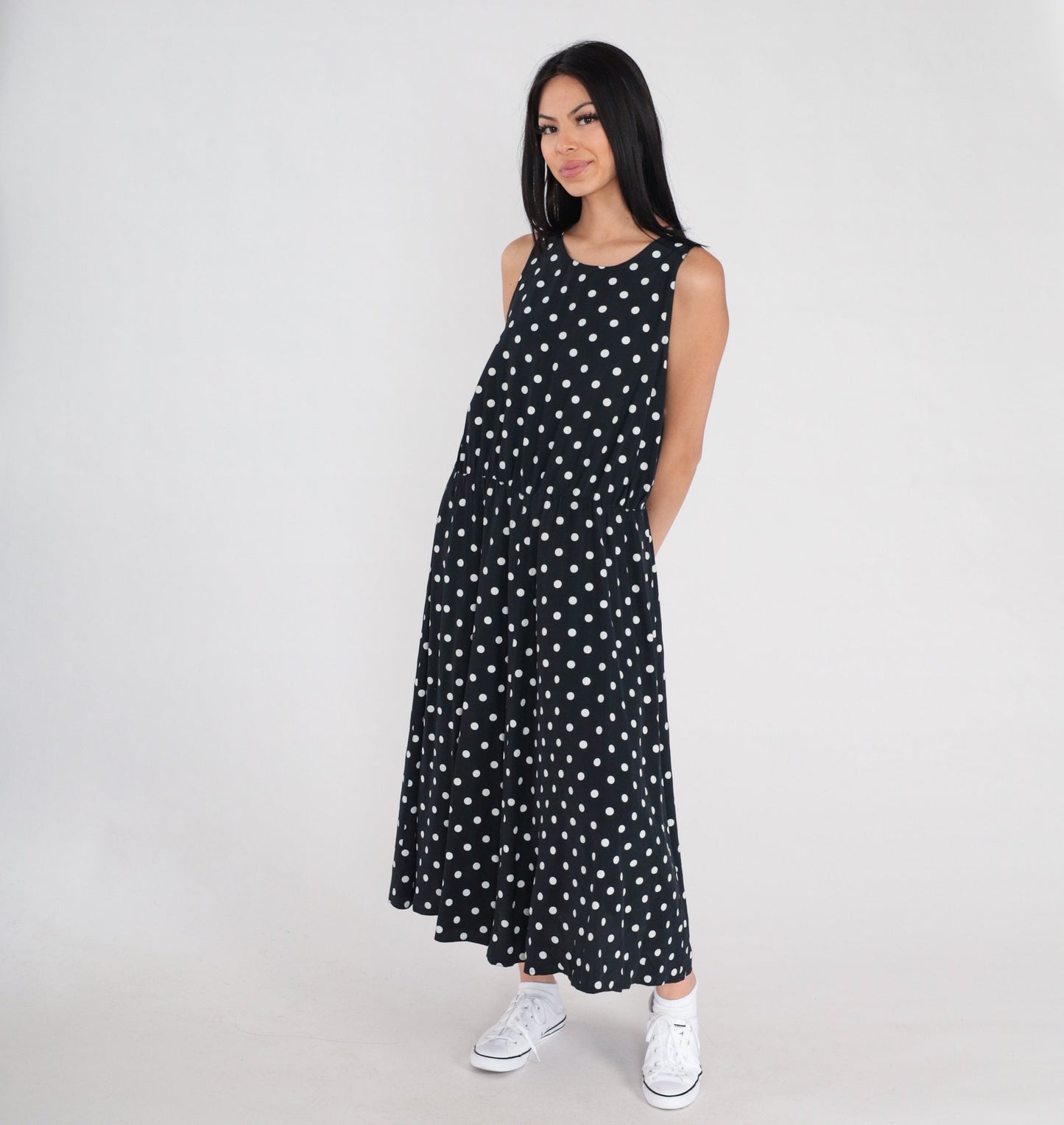 90s My Michelle Polka Dot Midi Dress Black White Sleeveless Medium