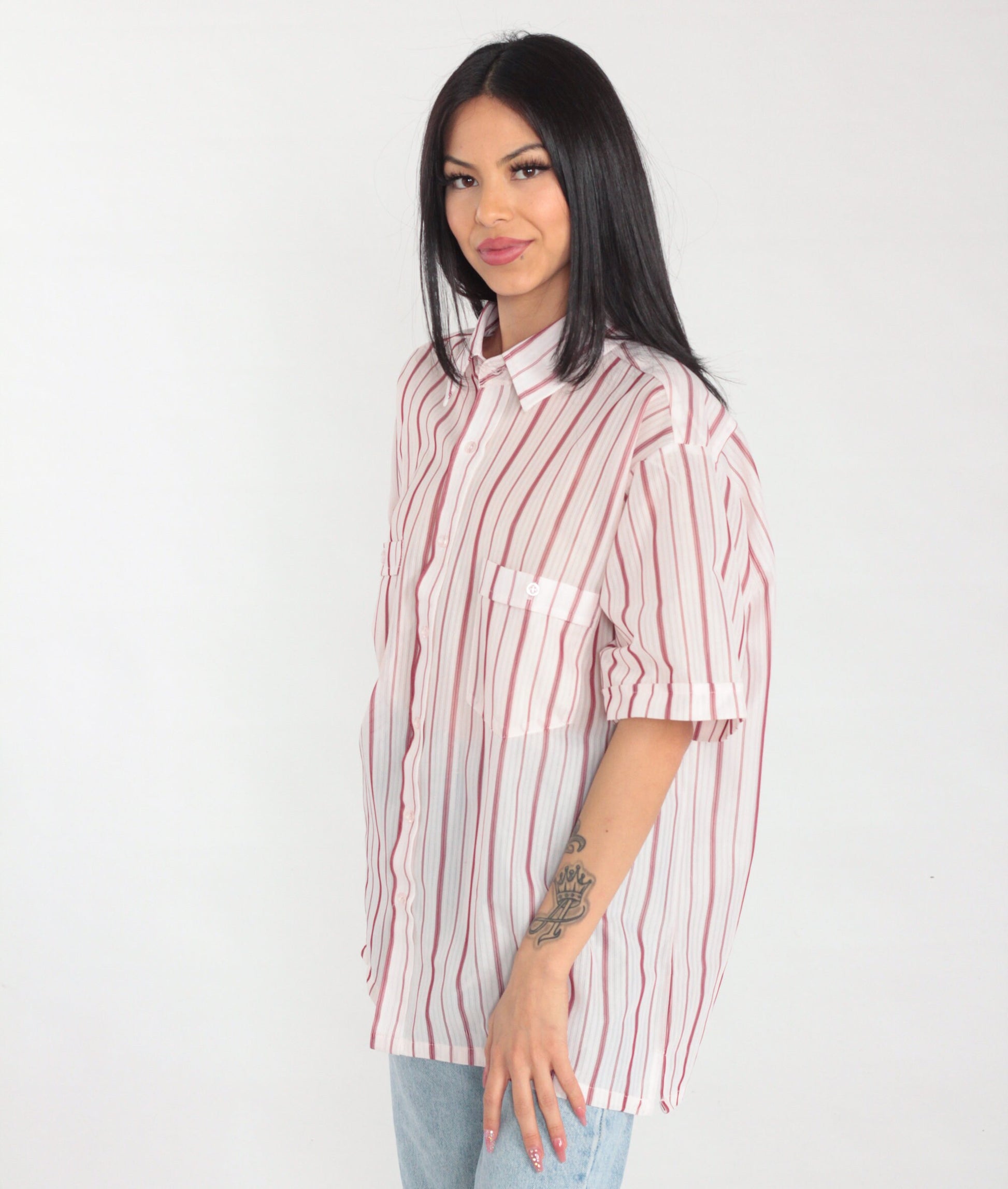 80s White Red Striped Button-Up Shirt Short Sleeve Collared Men's Extra Large