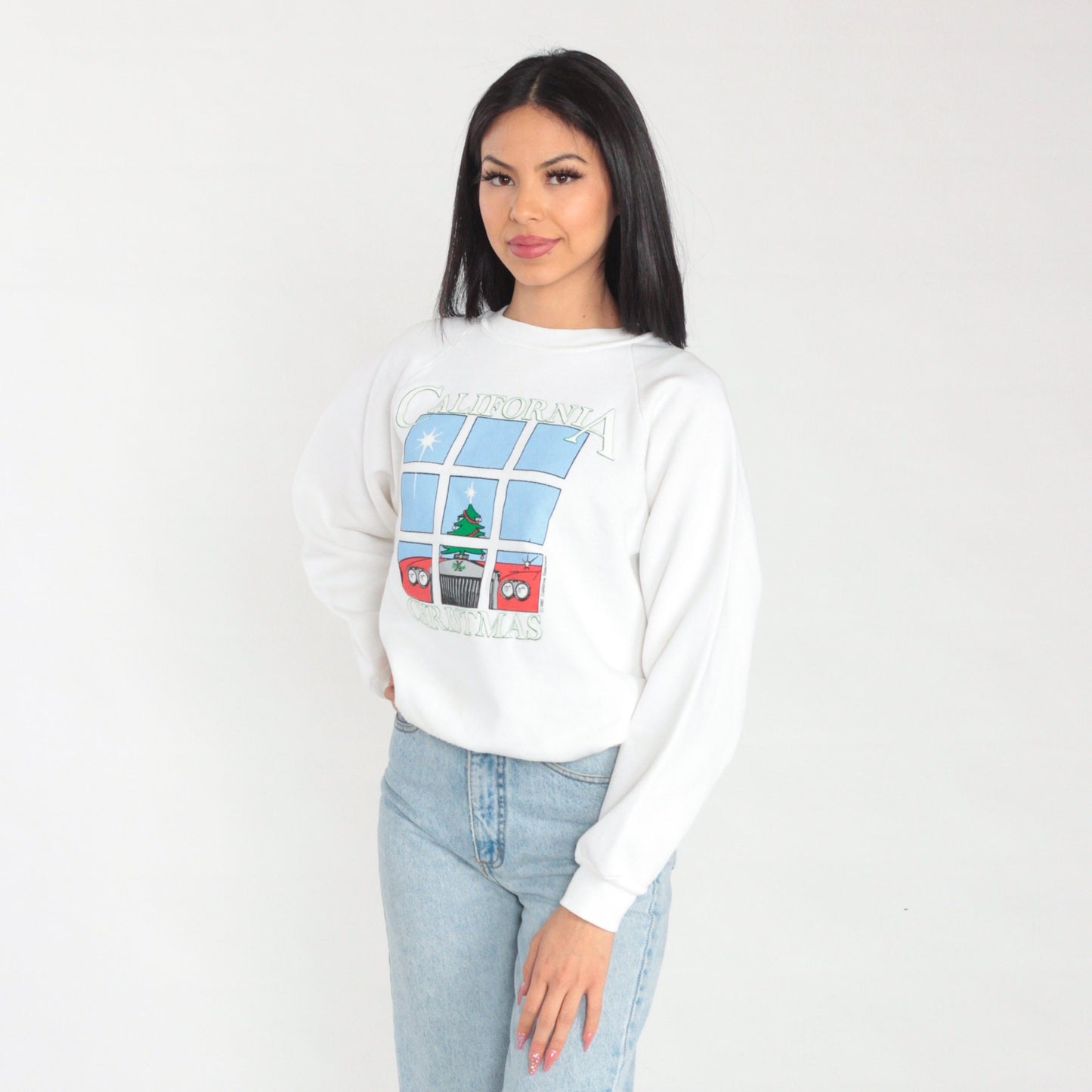 80s California Christmas Sweatshirt White Raglan Graphic Car Tree Small