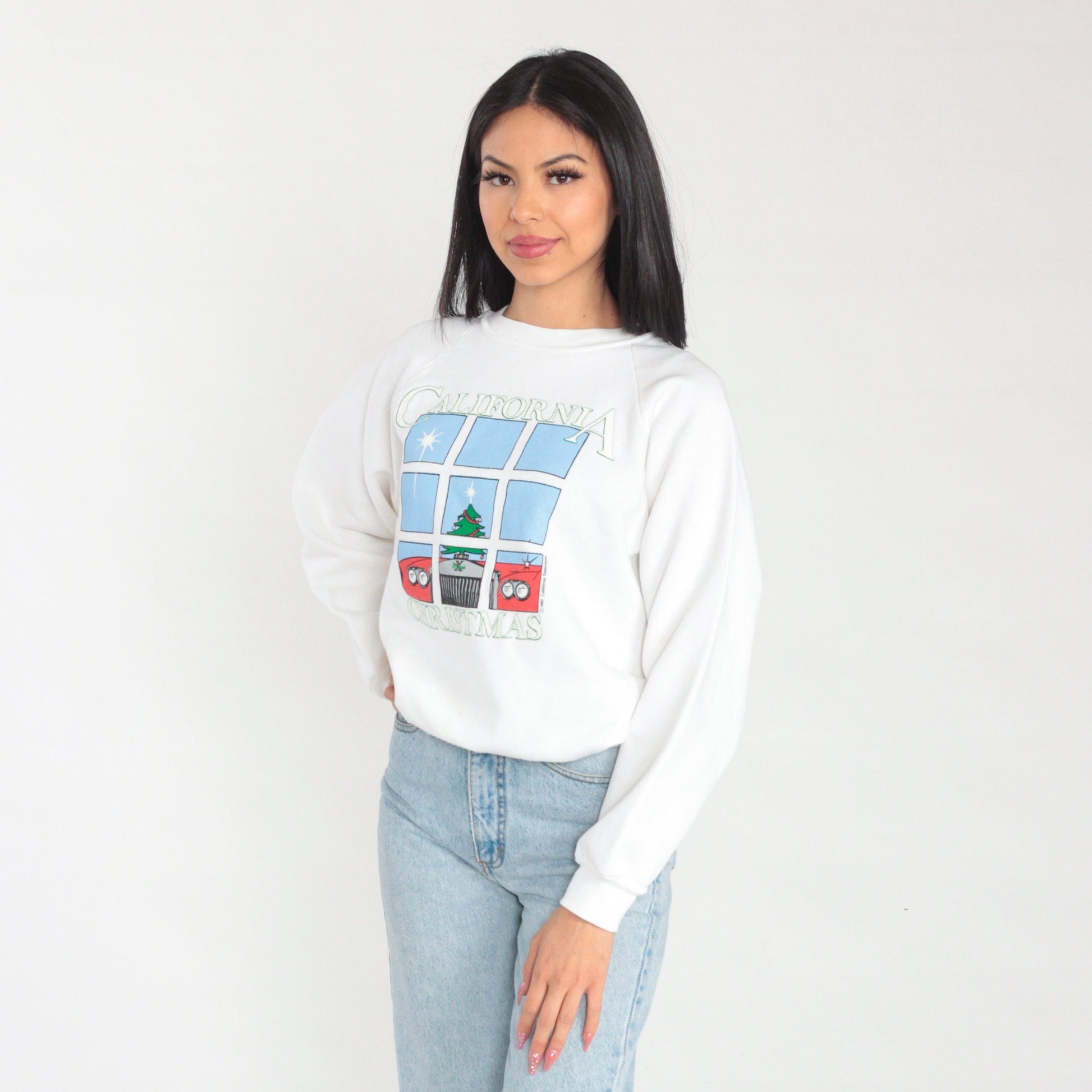 80s California Christmas Sweatshirt White Raglan Graphic Car Tree Small