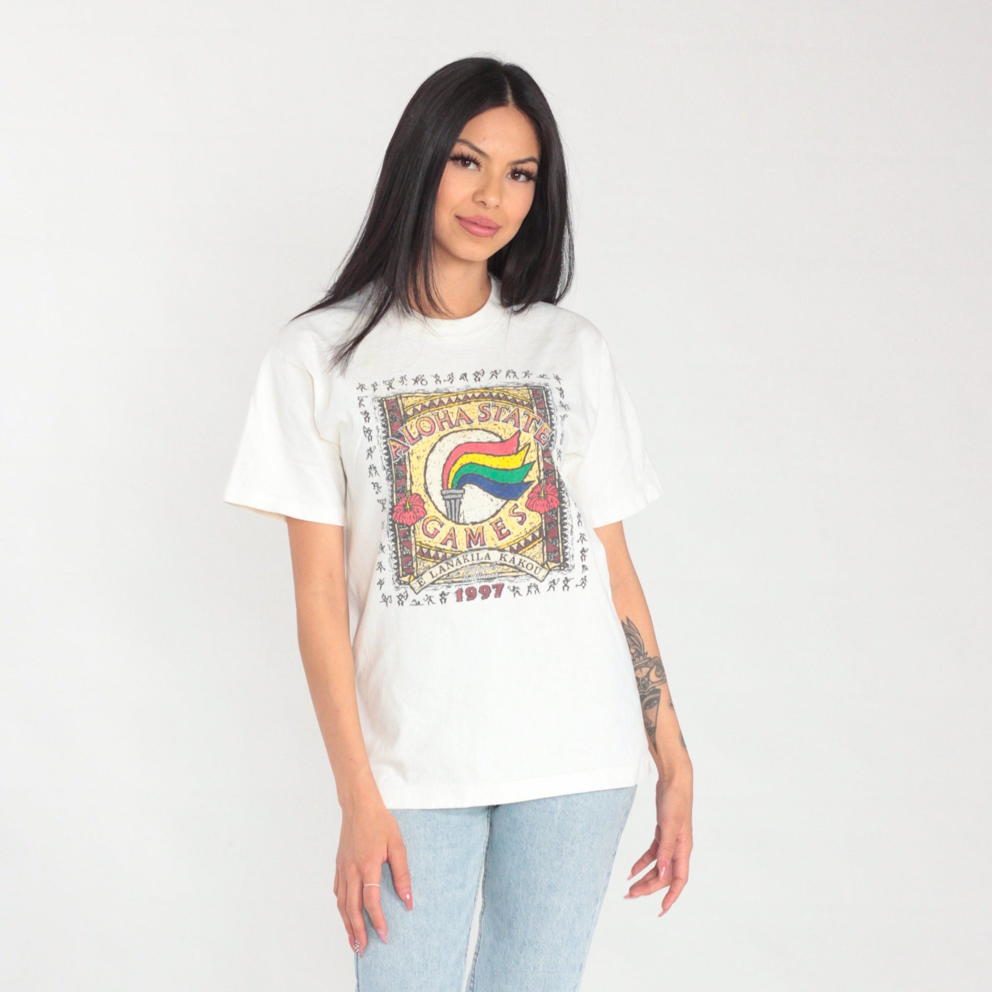 1997 Aloha State Games Hawaii Olympics Graphic T-Shirt White Cotton Medium