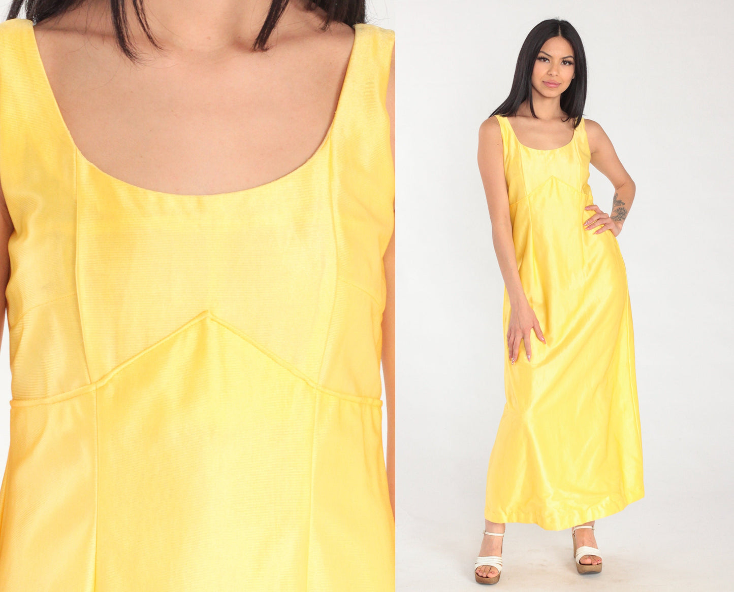 70s Yellow Empire Waist Maxi Dress Sleeveless Ankle Length Small