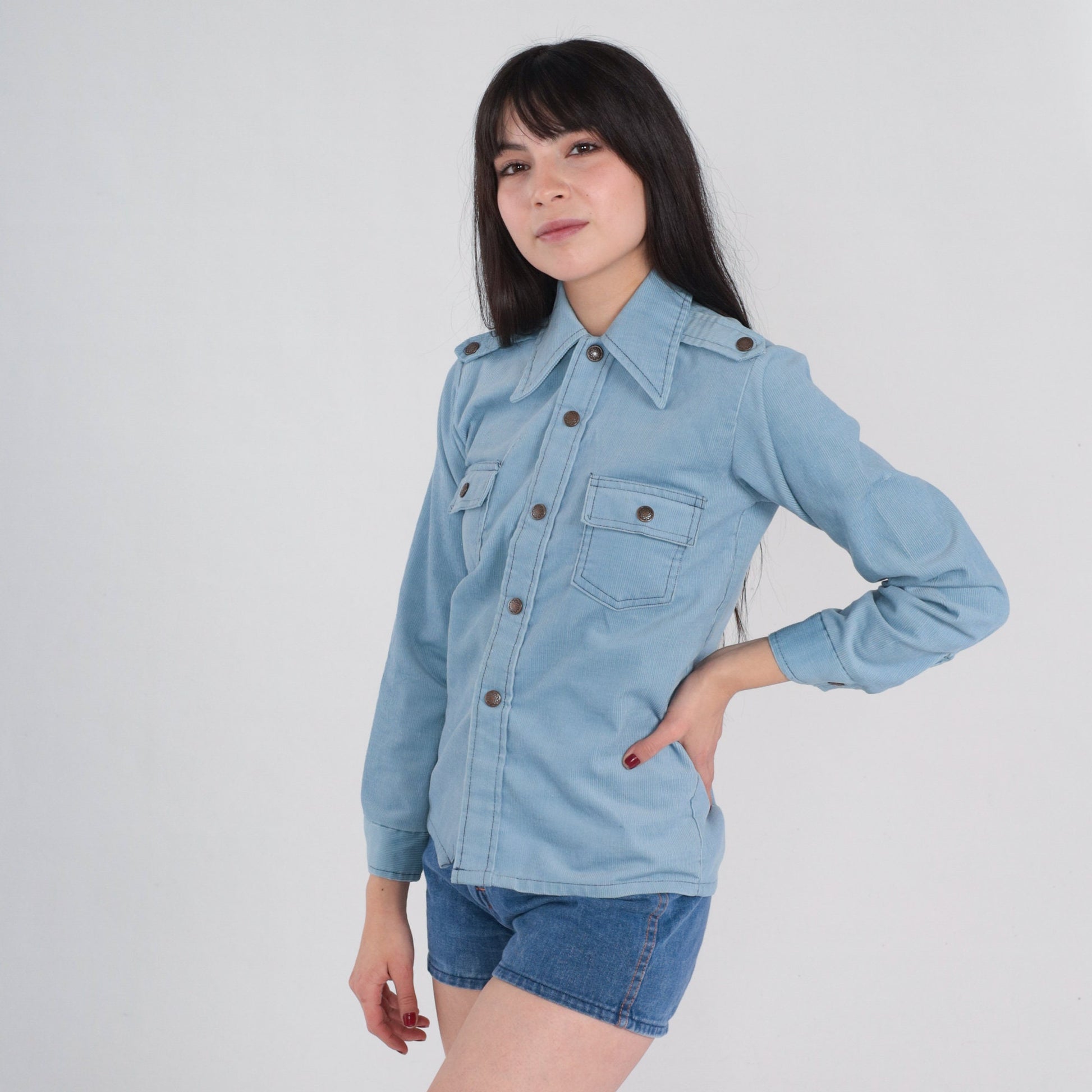70s Baby Blue Corduroy Snap Button Shirt Epaulette Collar Long Sleeve XS