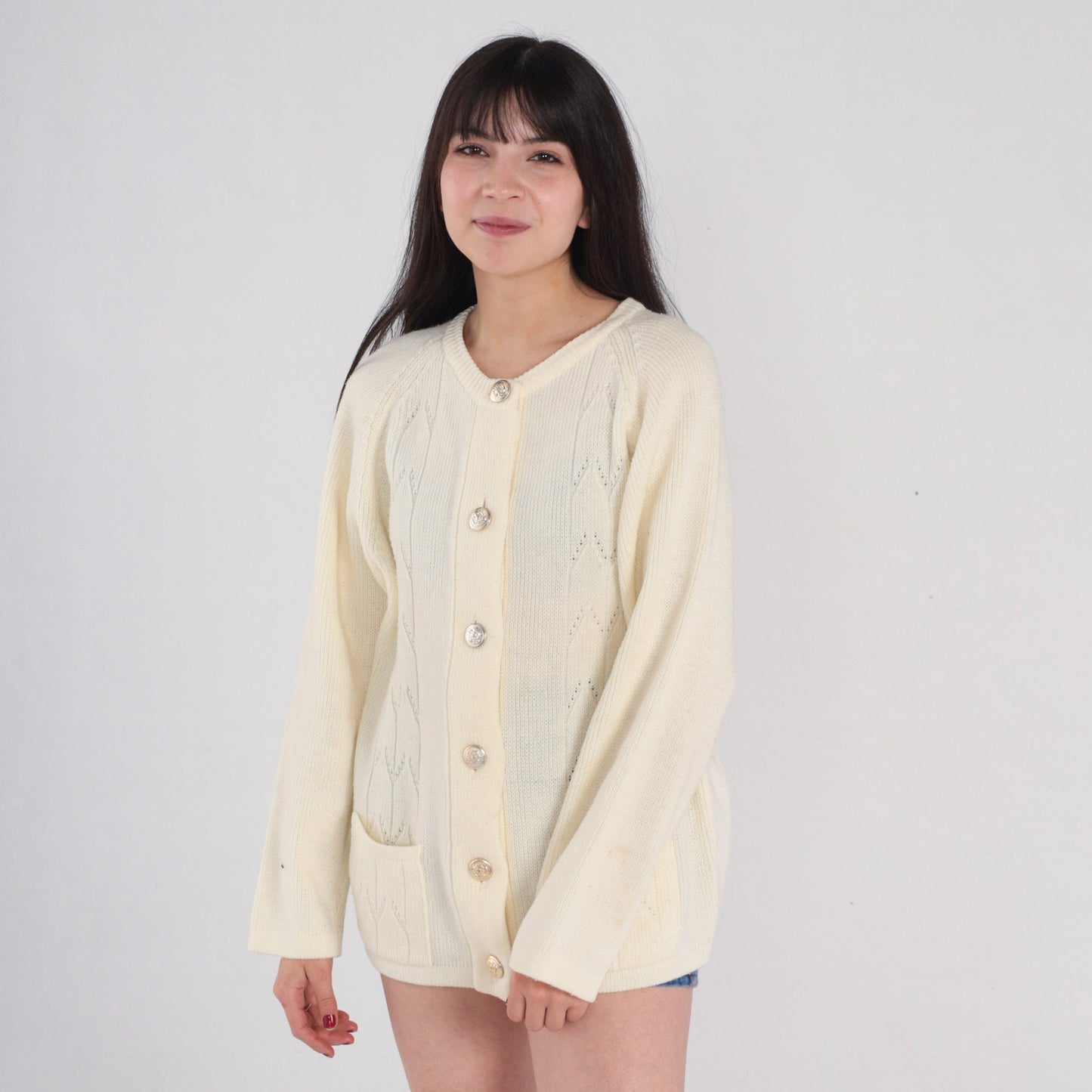 80s Off-White Pointelle Cardigan Silver Button Knit Sweater Medium Large