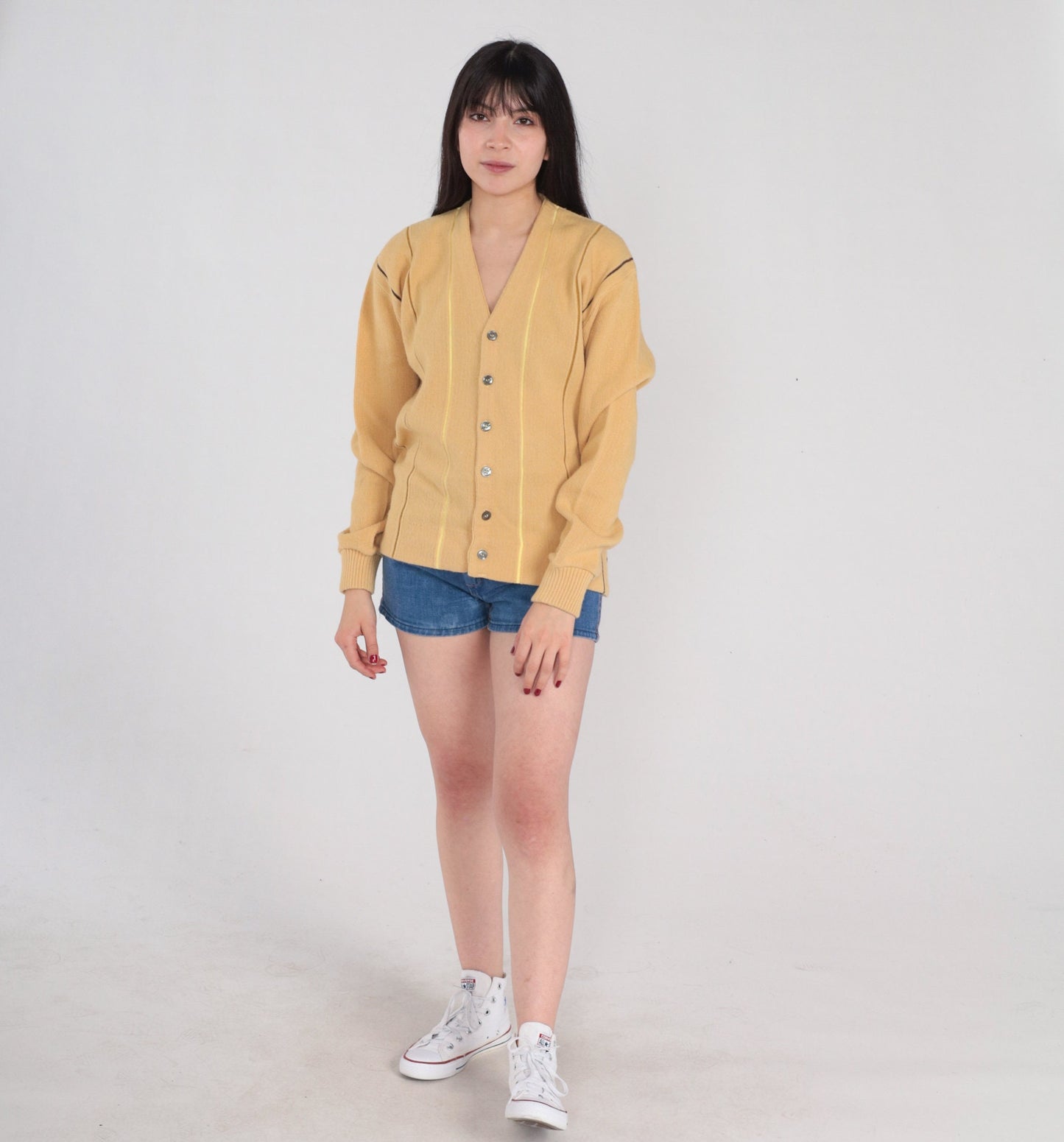 80s Striped Tan Cardigan Button-Up Knit Sweater Medium