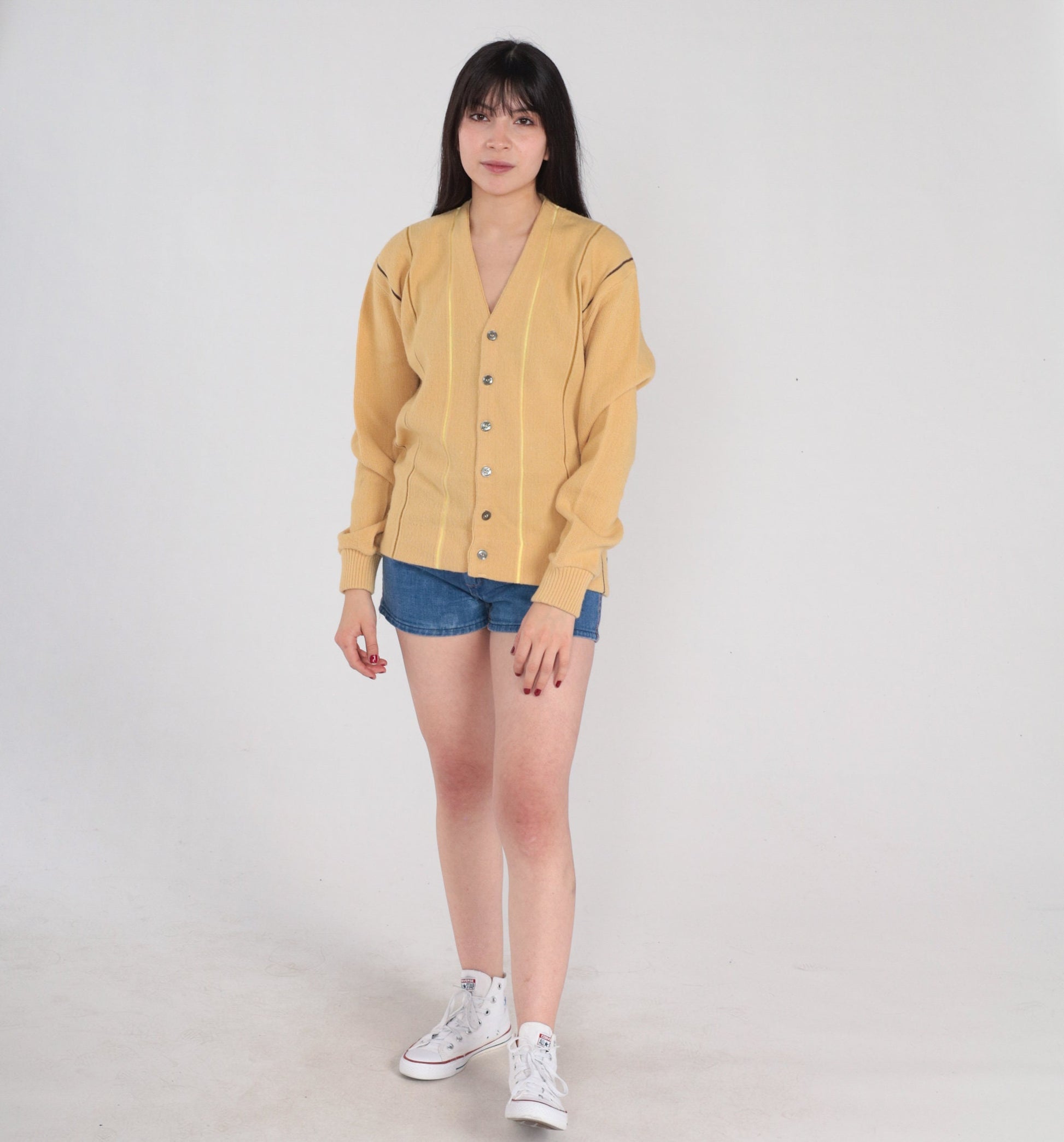 80s Striped Tan Cardigan Button-Up Knit Sweater Medium