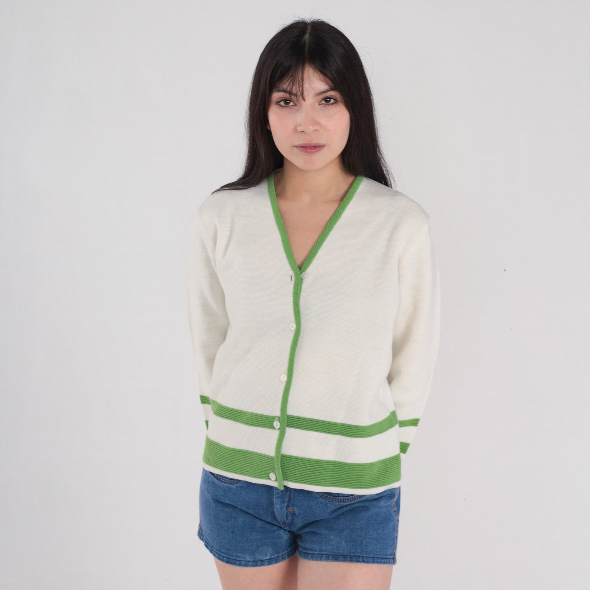 70s Wool Cardigan White Green Striped V-Neck Button-Up Knit Small S