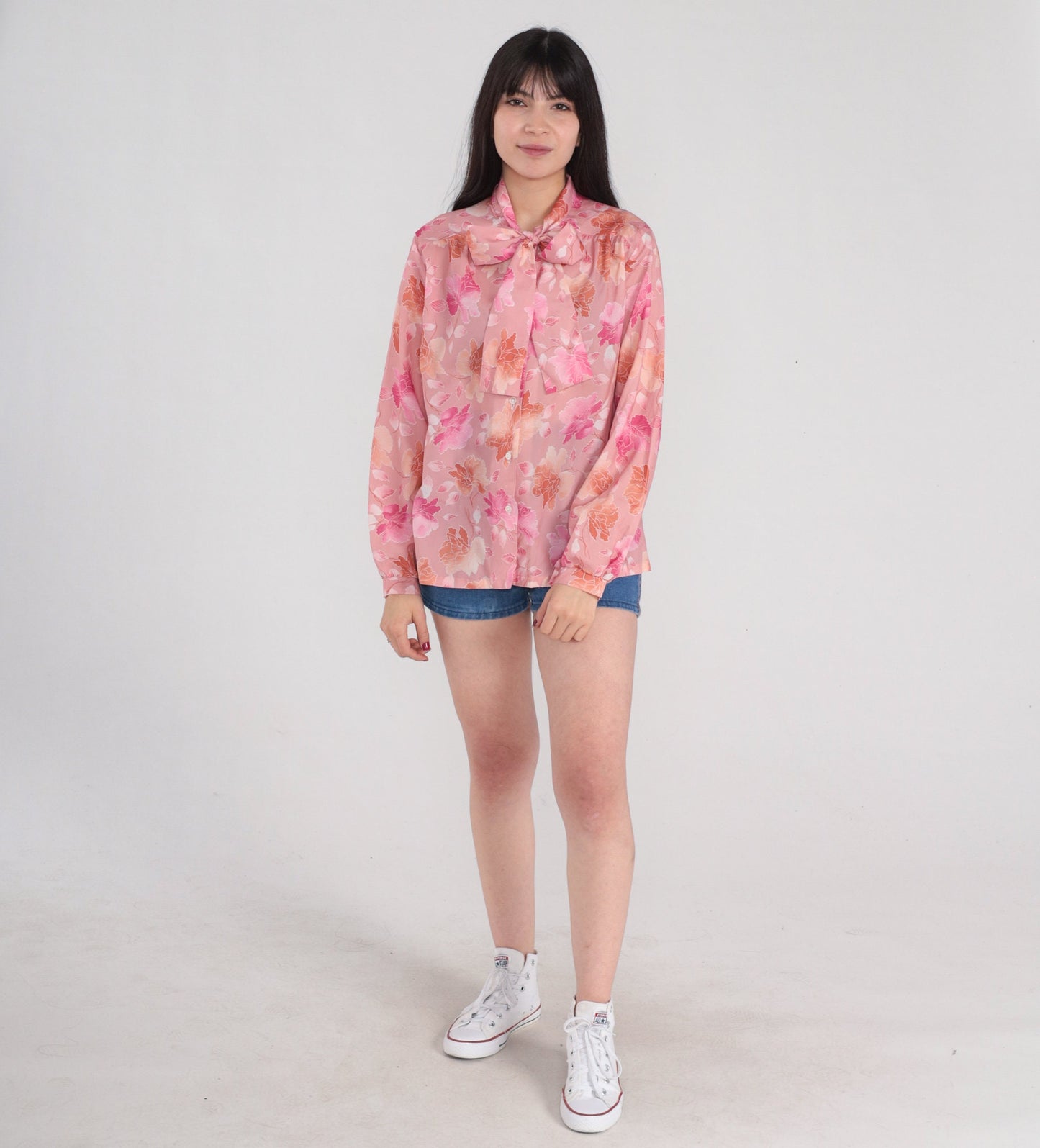 70s Pink Floral Ascot Blouse Button-Up Long Sleeve Neck Tie Shirt Medium