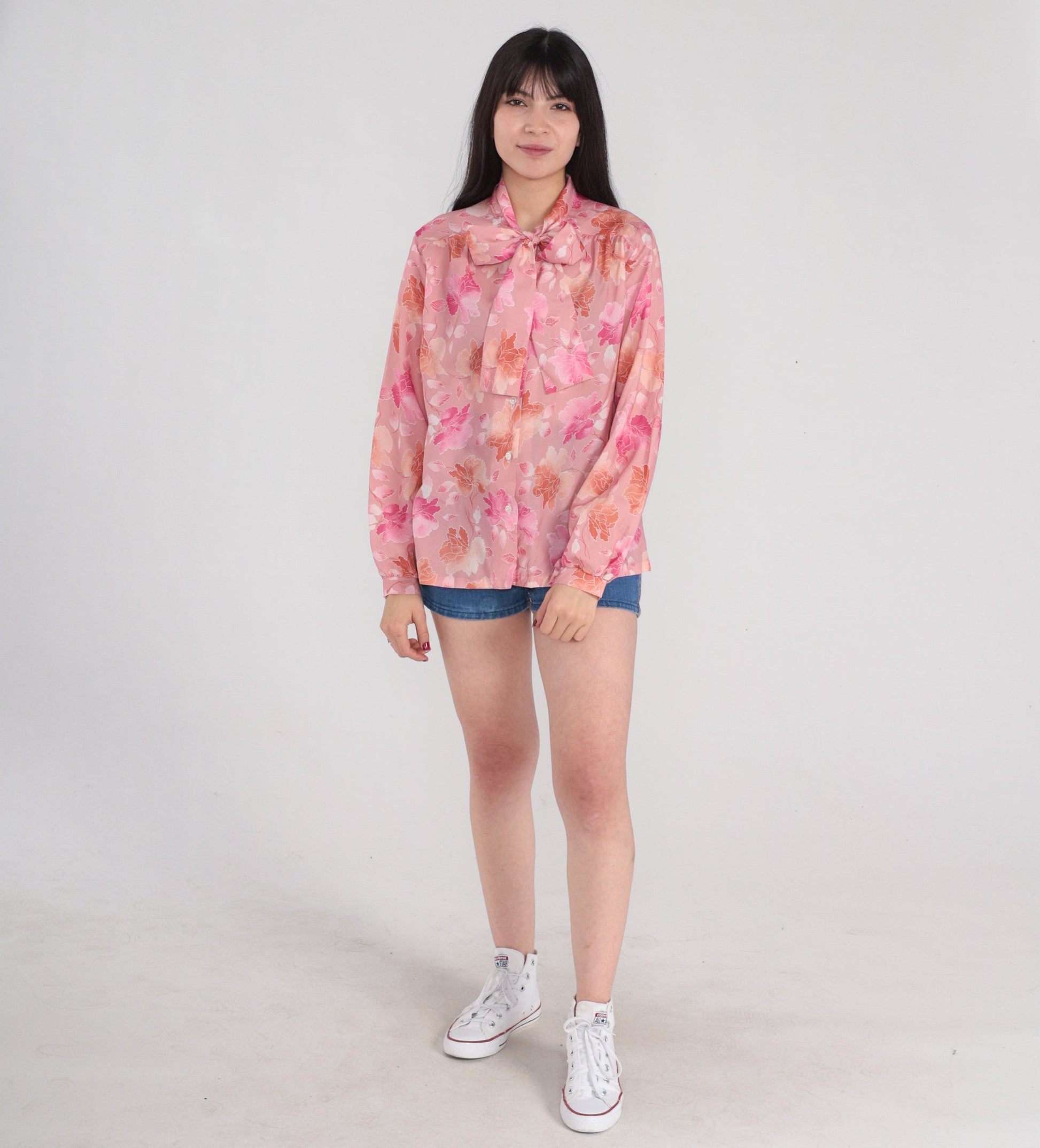 70s Pink Floral Ascot Blouse Button-Up Long Sleeve Neck Tie Shirt Medium