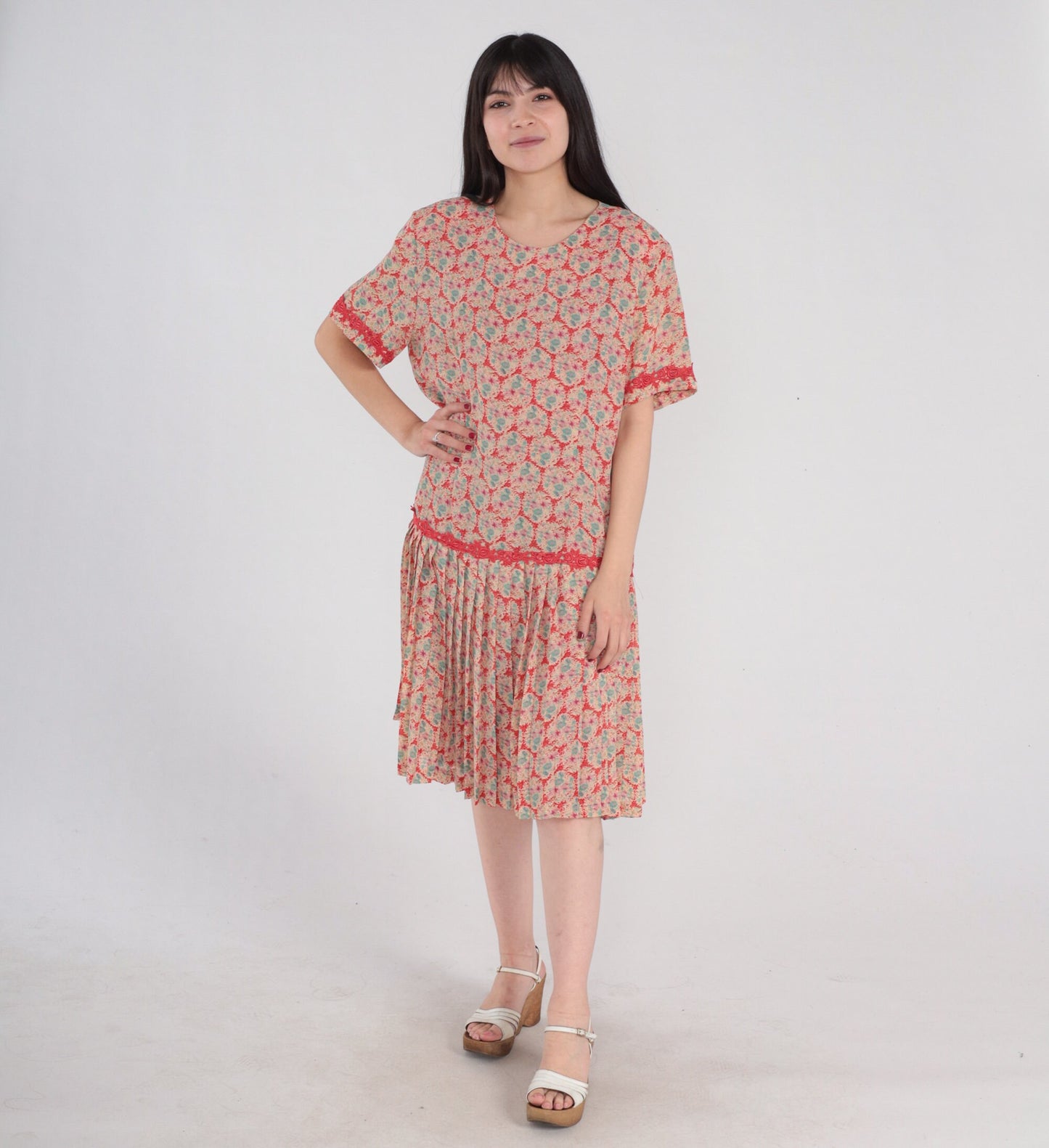 00s Red Floral Mini Dress Drop Waist Pleated Short Sleeve Lace Trim Large