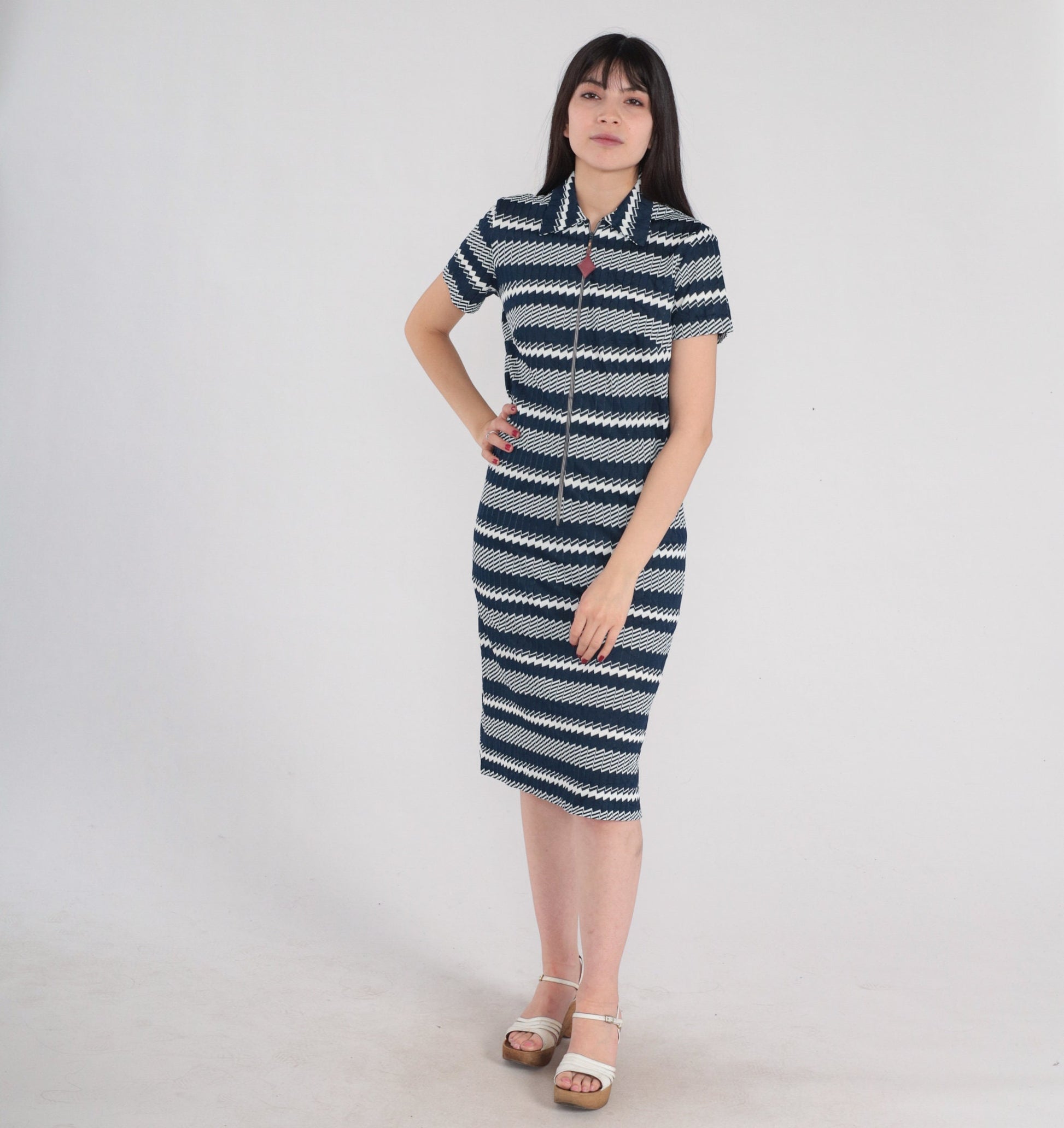 1960s Mod Dress Navy Blue White Geometric Striped Zip Front Knee Length Small