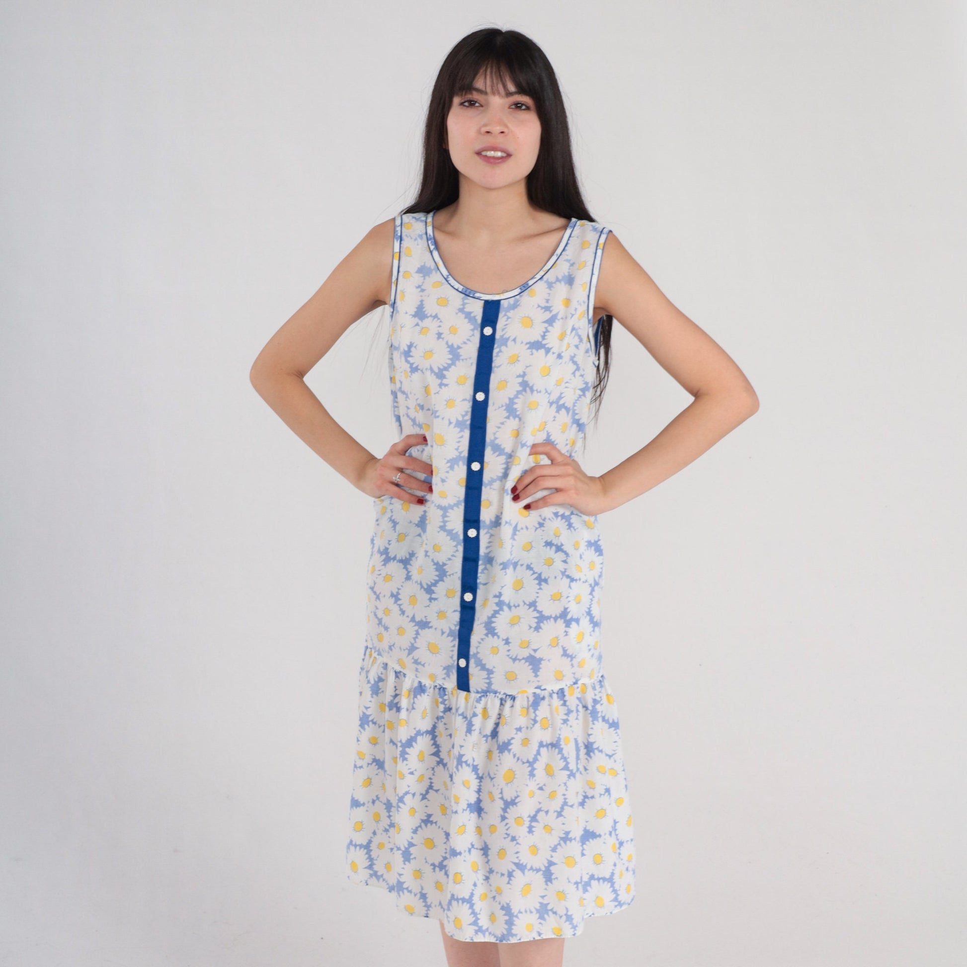 80s Floral Daisy Print Midi Dress Drop Waist Sleeveless Blue White Medium M