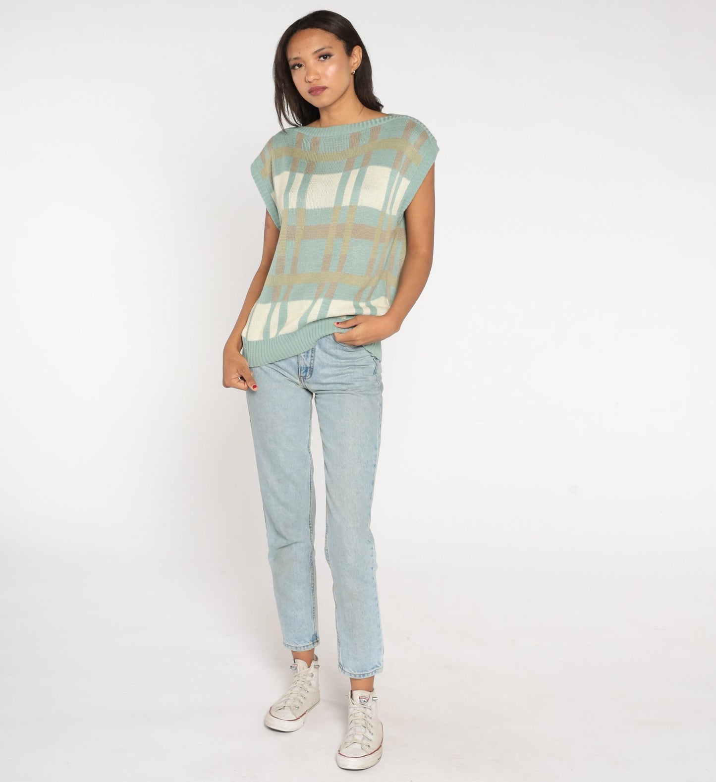 80s Bay Club Seafoam Checkered Knit Boatneck Cap Sleeve Top Medium Large