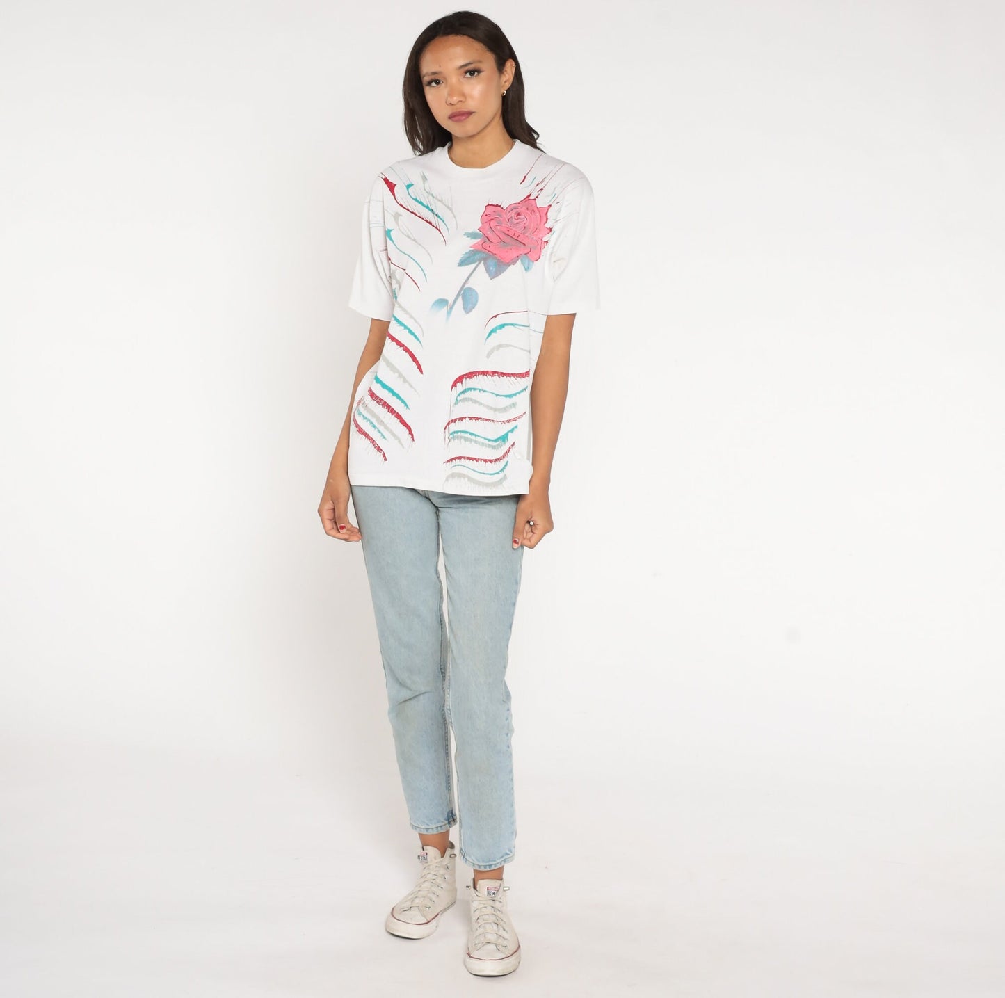 90s Painted Rose Graphic T-Shirt Floral Print White Cotton Medium Large