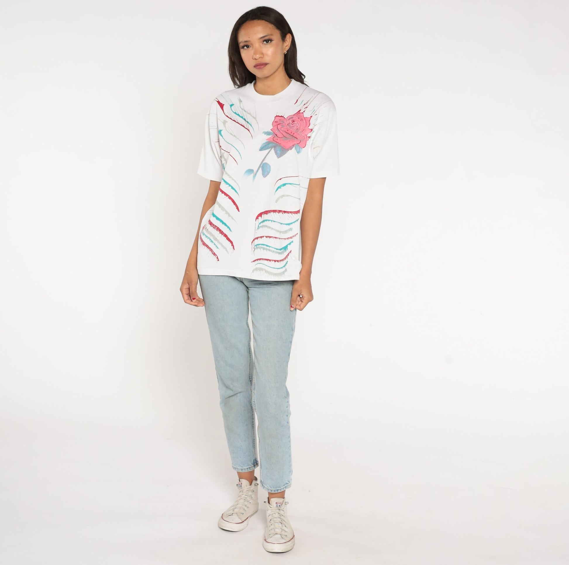 90s Painted Rose Graphic T-Shirt Floral Print White Cotton Medium Large