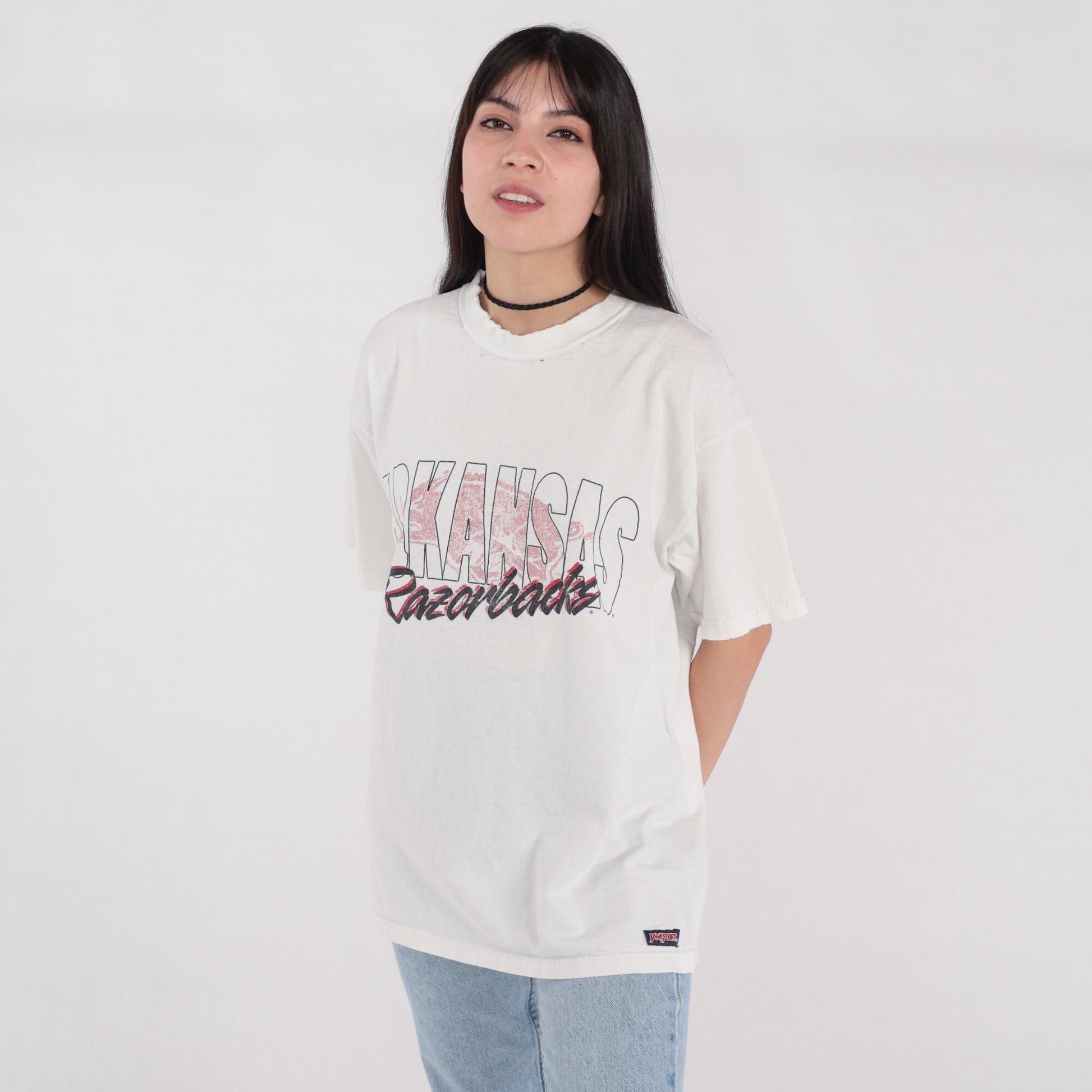 90s Arkansas Razorbacks Football Graphic T-Shirt White Cotton Large L