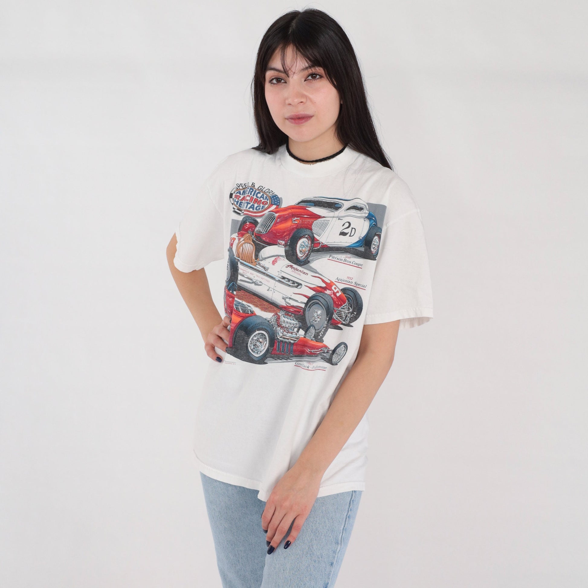 80s American Racing Racecar Graphic T-Shirt White Cotton Tee Medium
