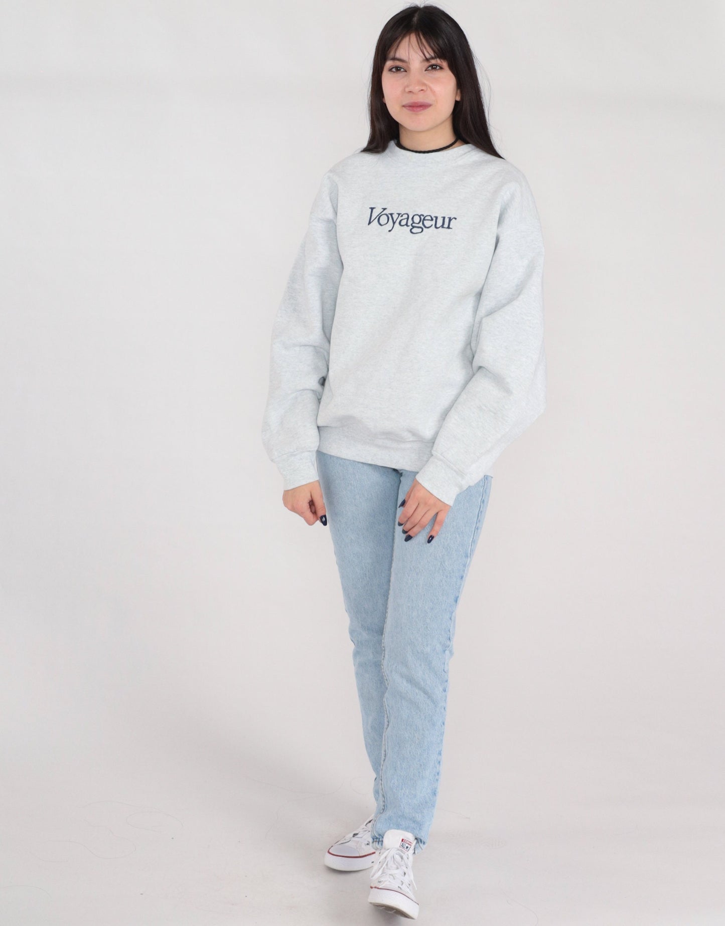 90s Voyageur Embroidered Sweatshirt Heather Grey Crewneck Pullover Large L