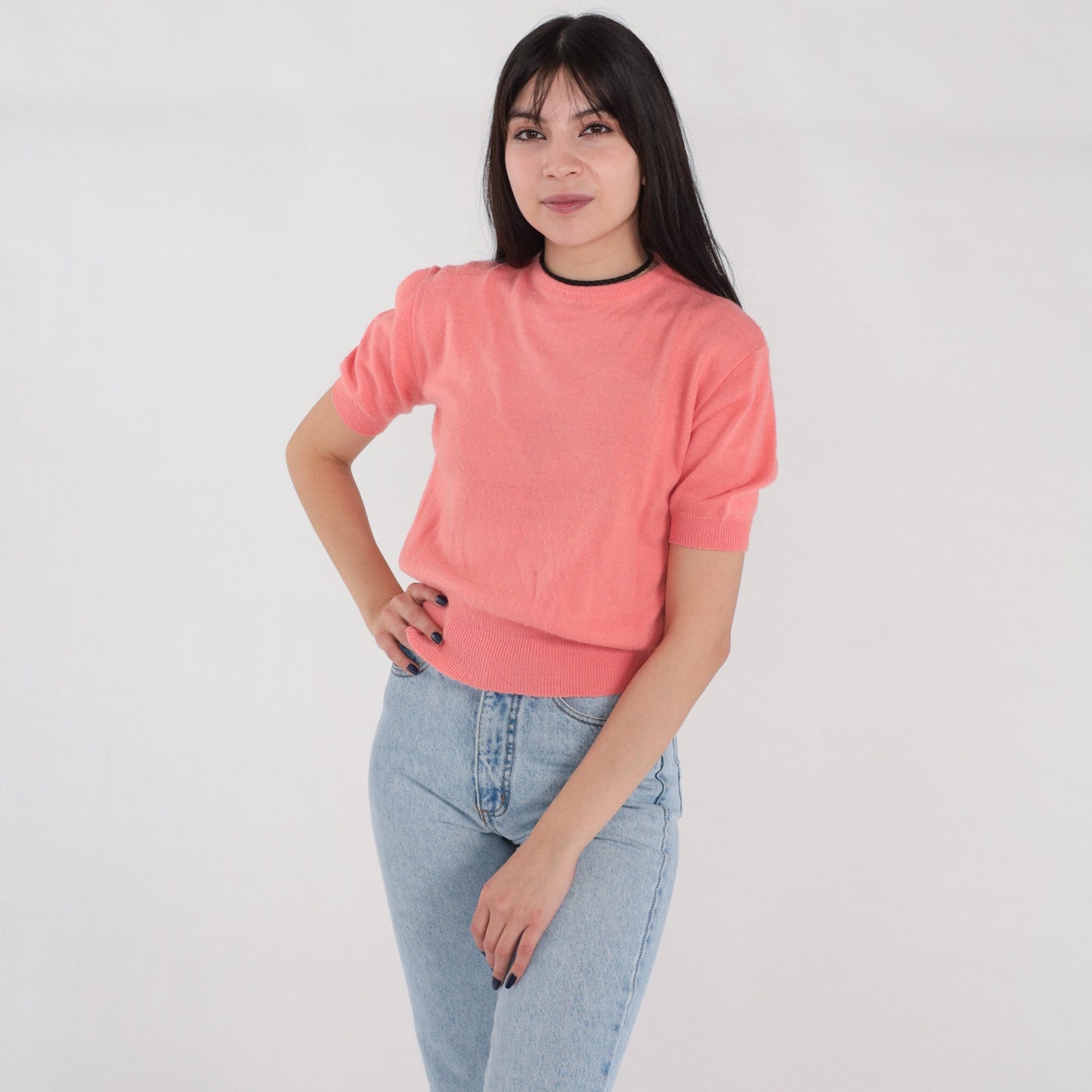 60s Pink Nylon Knit Crop Top Short Sleeve Banded Hem Small