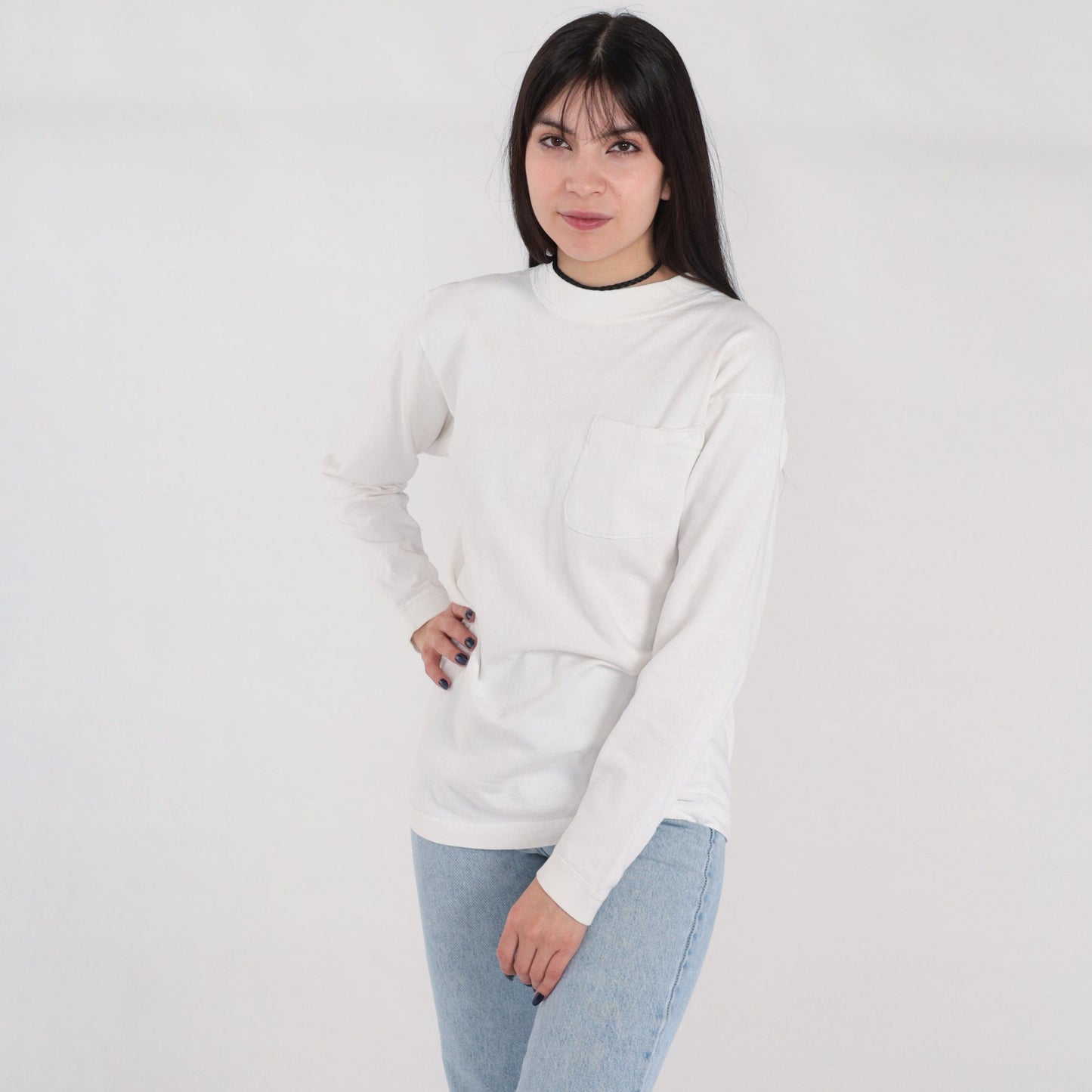 90s Plain White Cotton Long Sleeve Pocket Tee Crewneck Medium M
