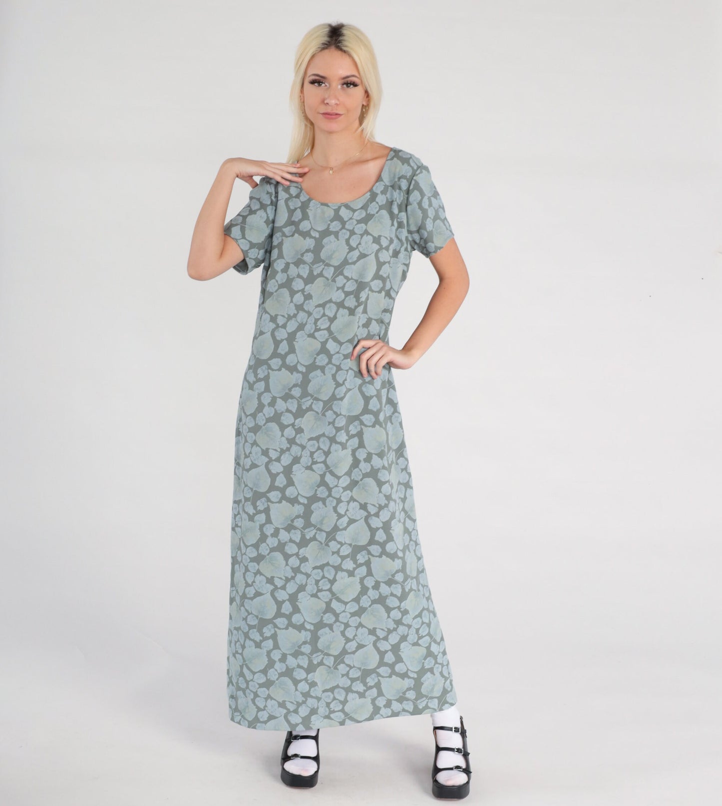 00s Liz Claiborne Botanical Maxi Dress Grey Blue Leaf Print Large