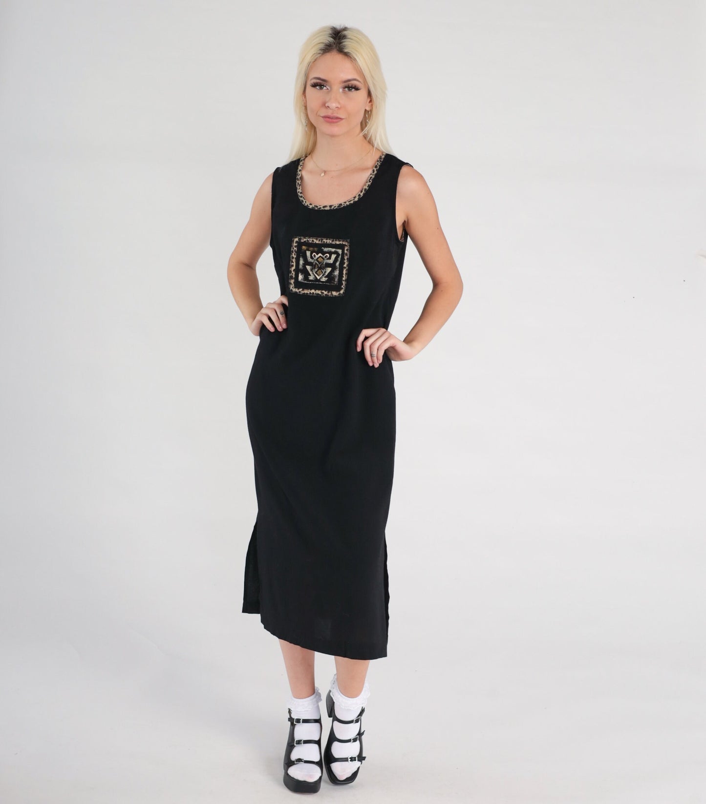Y2K Black Frog Print Sleeveless Shift Dress Side Slit Medium 8