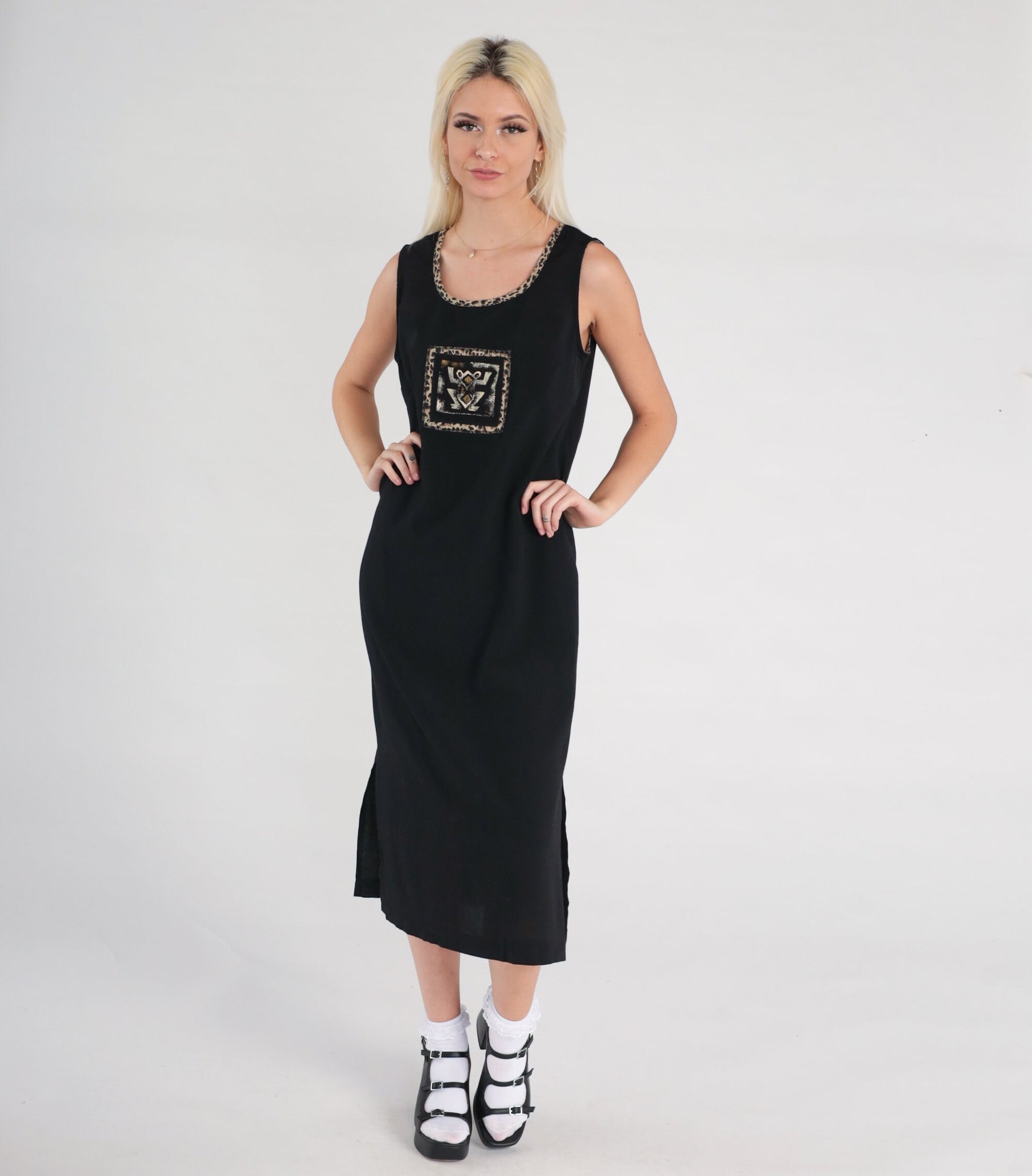 Y2K Black Frog Print Sleeveless Shift Dress Side Slit Medium 8