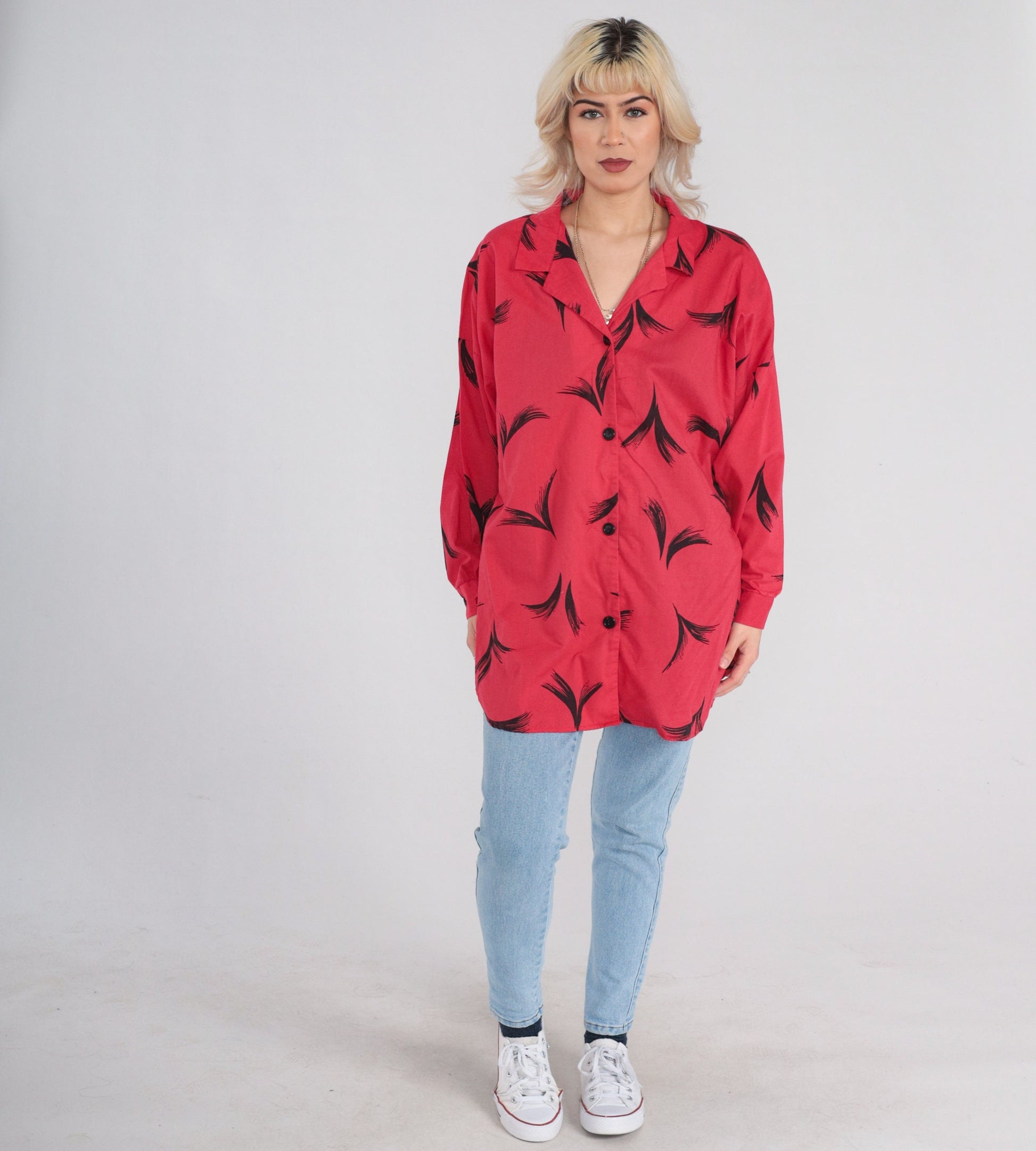 90s Red Button Up Blouse Black Abstract Feather Print Long Sleeve Extra Large