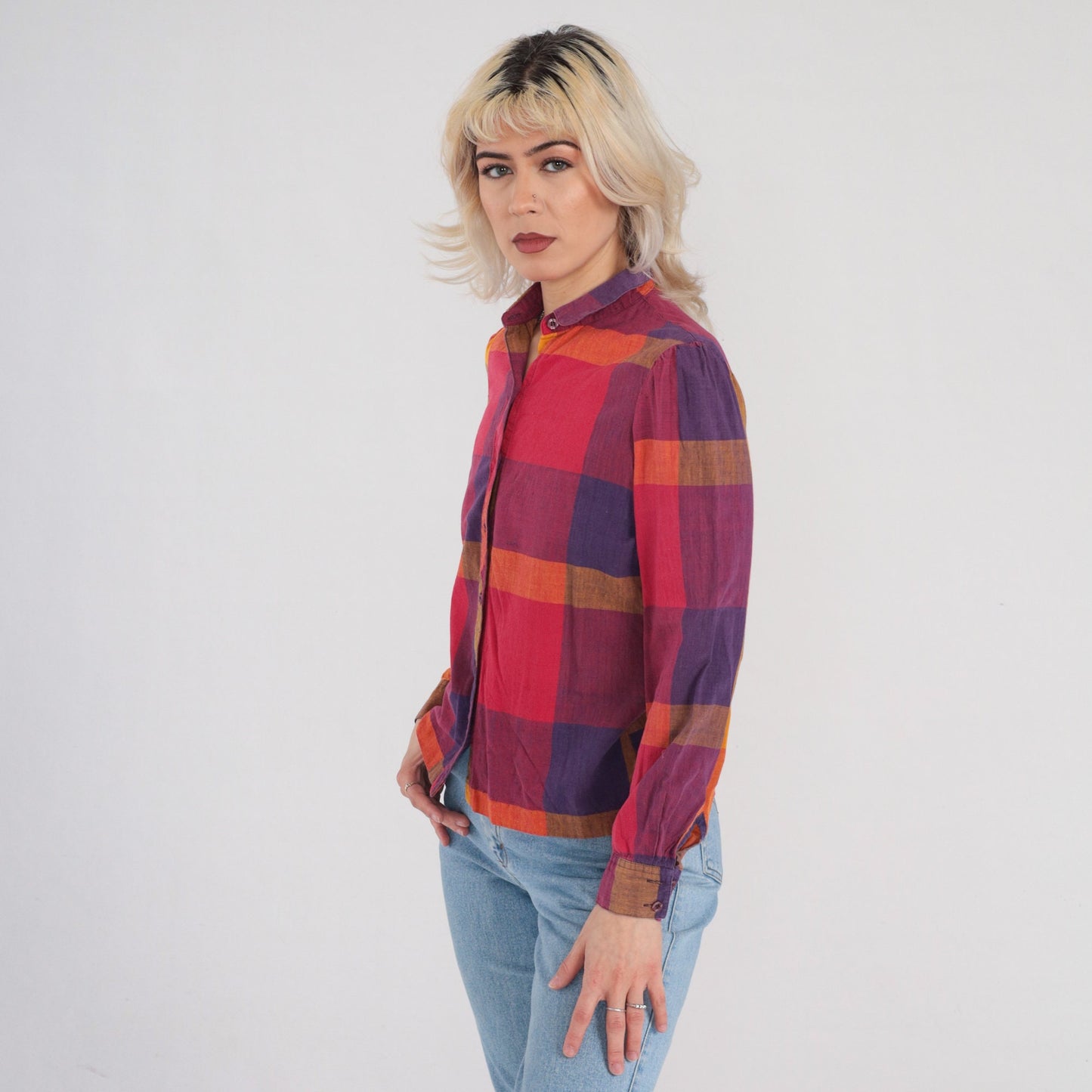 80s Checkered Cotton Puff Sleeve Button-Up Blouse Red Yellow Purple Extra Small