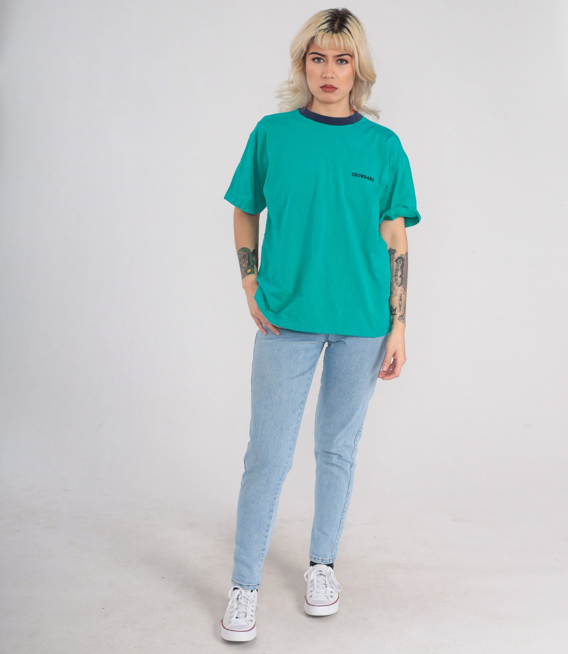 90s Giordano Embroidered Logo T-Shirt Green Navy Ringer Crewneck Medium M