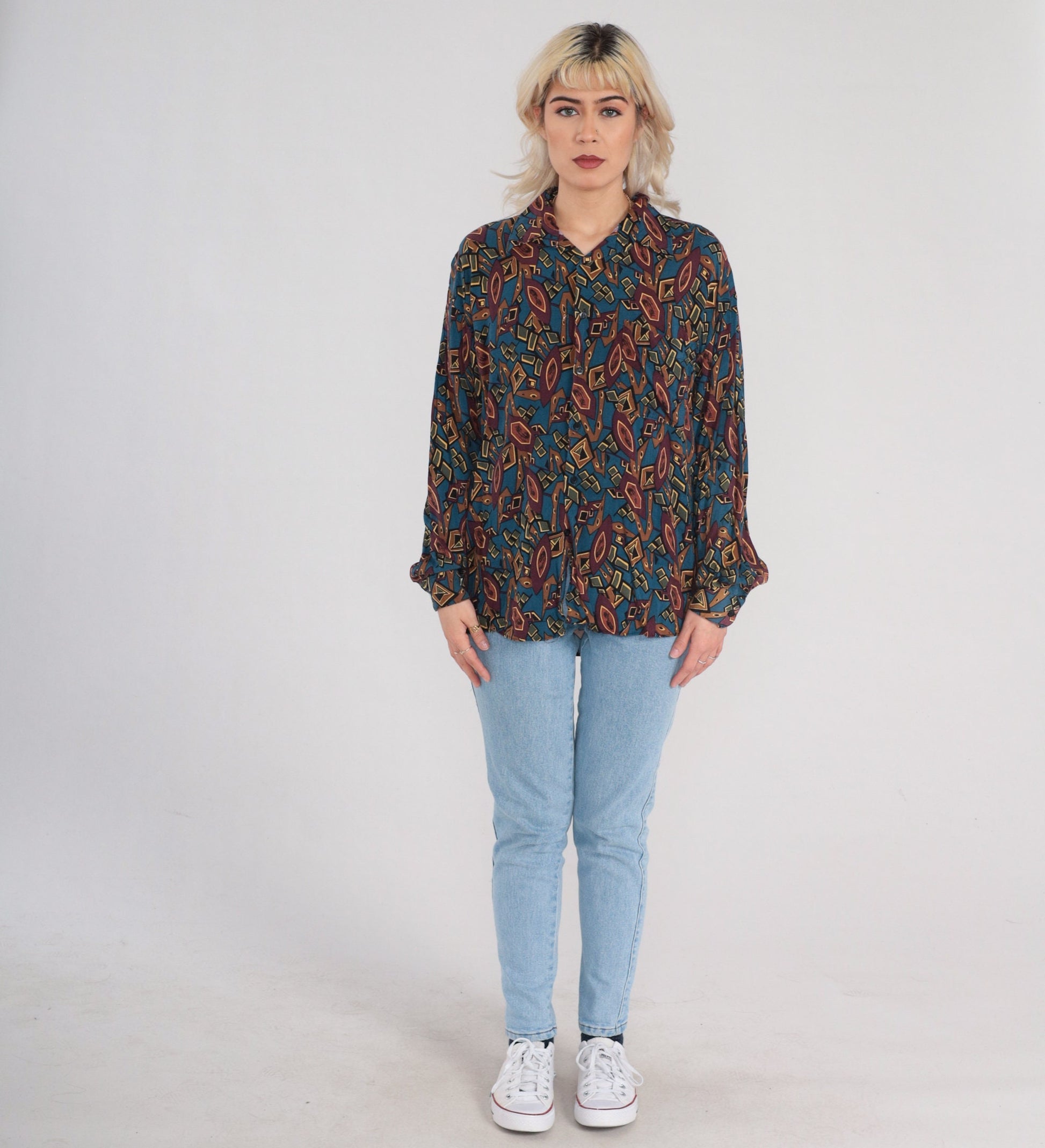 90s Abstract Geometric Button-Up Shirt Long Sleeve Multicolor Large