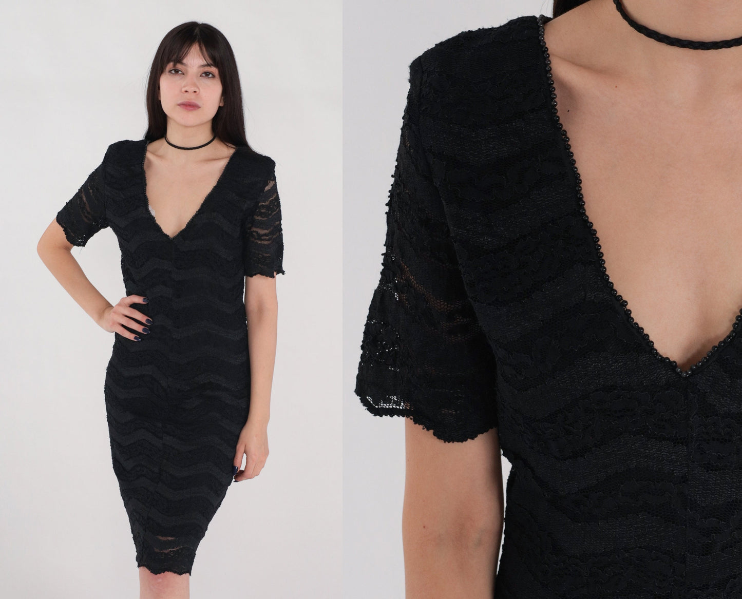 90s Black Lace Sheath Dress V Neck Short Sleeve Knee Length Medium