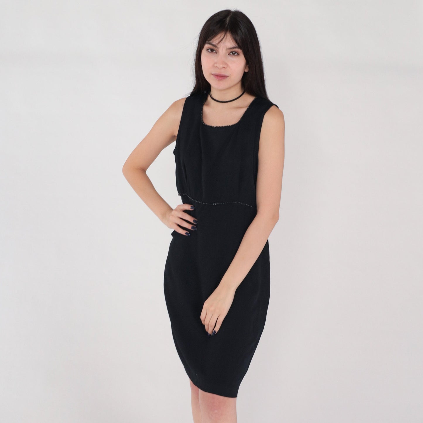 90s Black Mini Dress Beaded Sheath Sleeveless Rear Zip Medium 10
