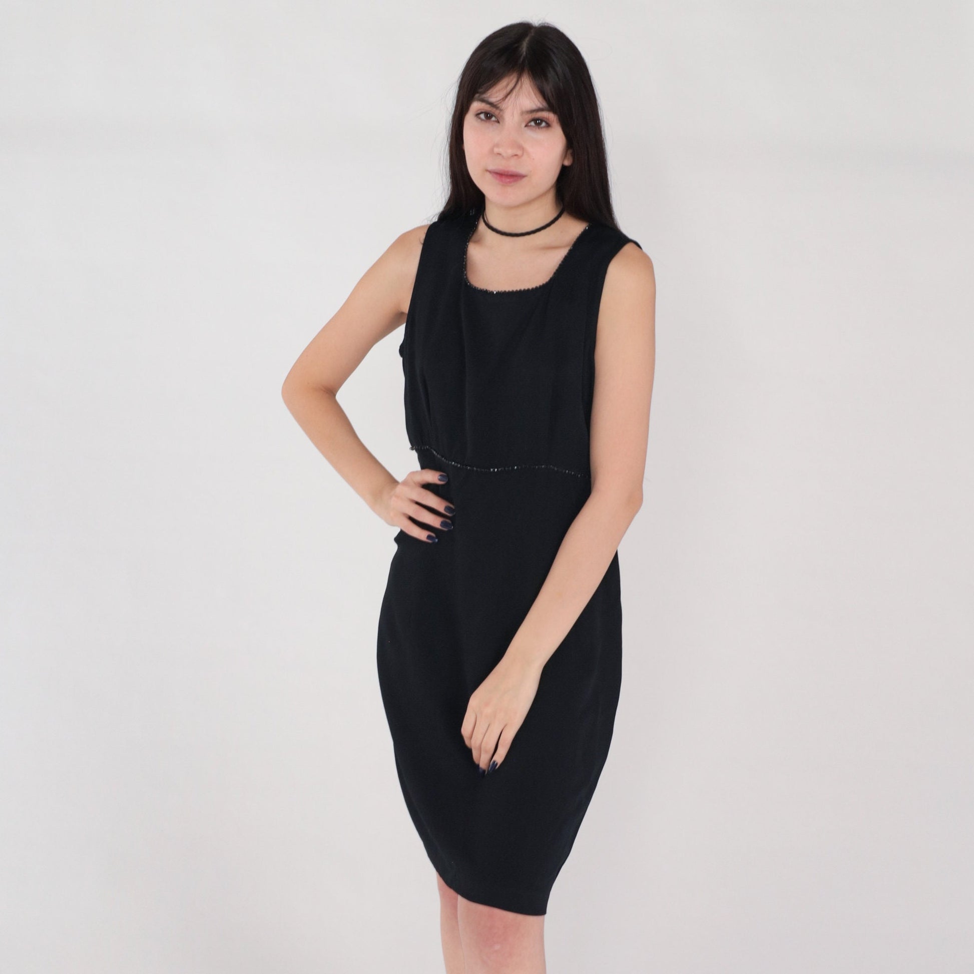 90s Black Mini Dress Beaded Sheath Sleeveless Rear Zip Medium 10