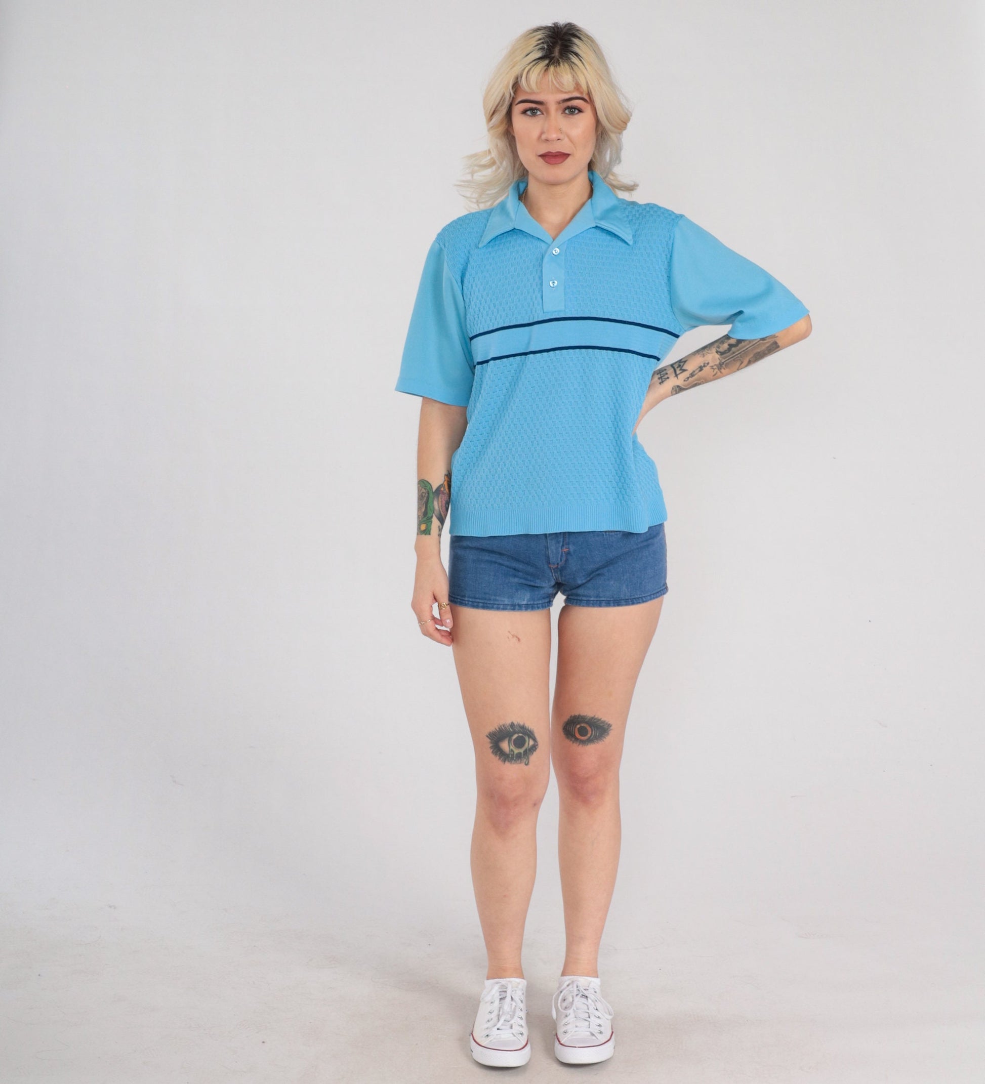 70s Blue Striped Polo Shirt Basket Weave Collared Short Sleeve Medium